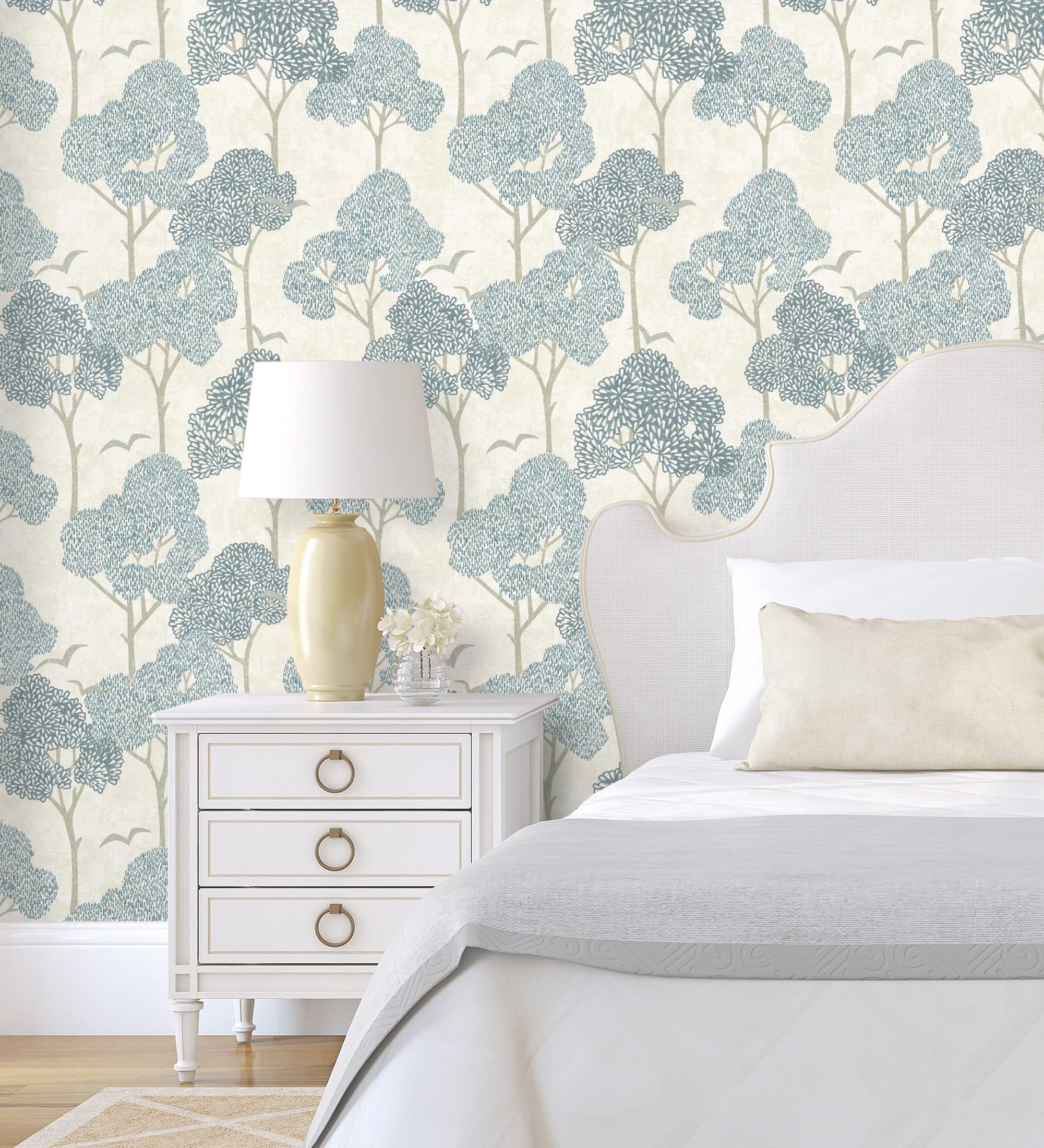 GAULAN 682077 - Eco-Friendly Blue Trees & Birds Textured Vinyl Wallpaper Roll (10m x 0.52m) for Living Room, Kitchen, Bathroom, Hallway & Dining Room - Perfect for Home Decor & Interior Design