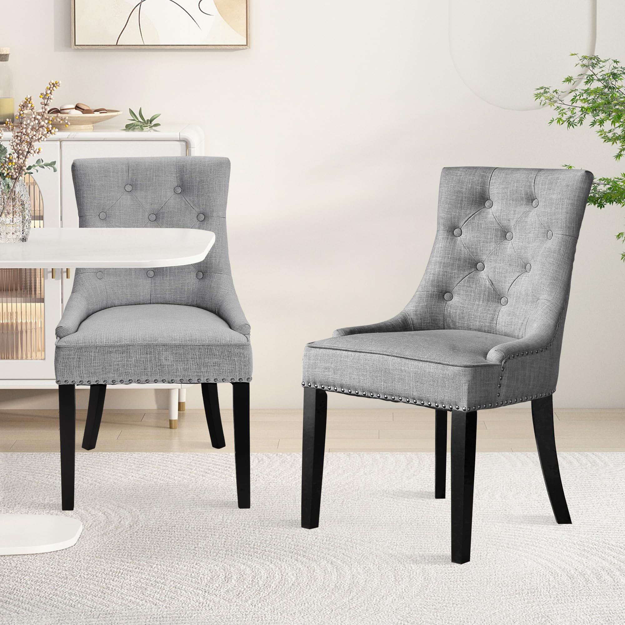 Vanity Art Button Tufted Fabric Upholstered Dining Chairs Set of 2 - Comfortable Padded Armchairs with Solid Wood Legs for Dining Room, Kitchen, Living Room (Gray)