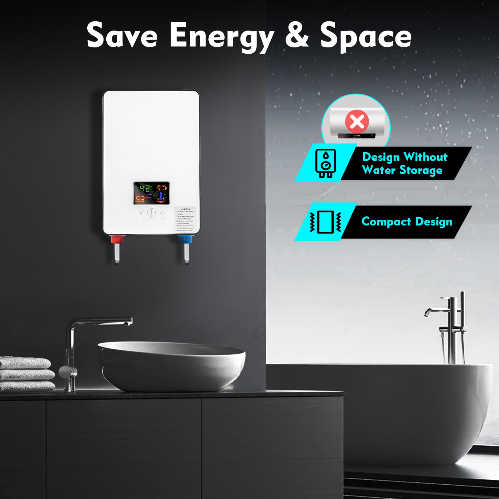 4500W Electric Tankless Water Heater with LED Display - Instant On-Demand Hot Water System for Shower, Kitchen & Bathroom - Compact Mini Design for Small Spaces & Energy Efficient Home Use