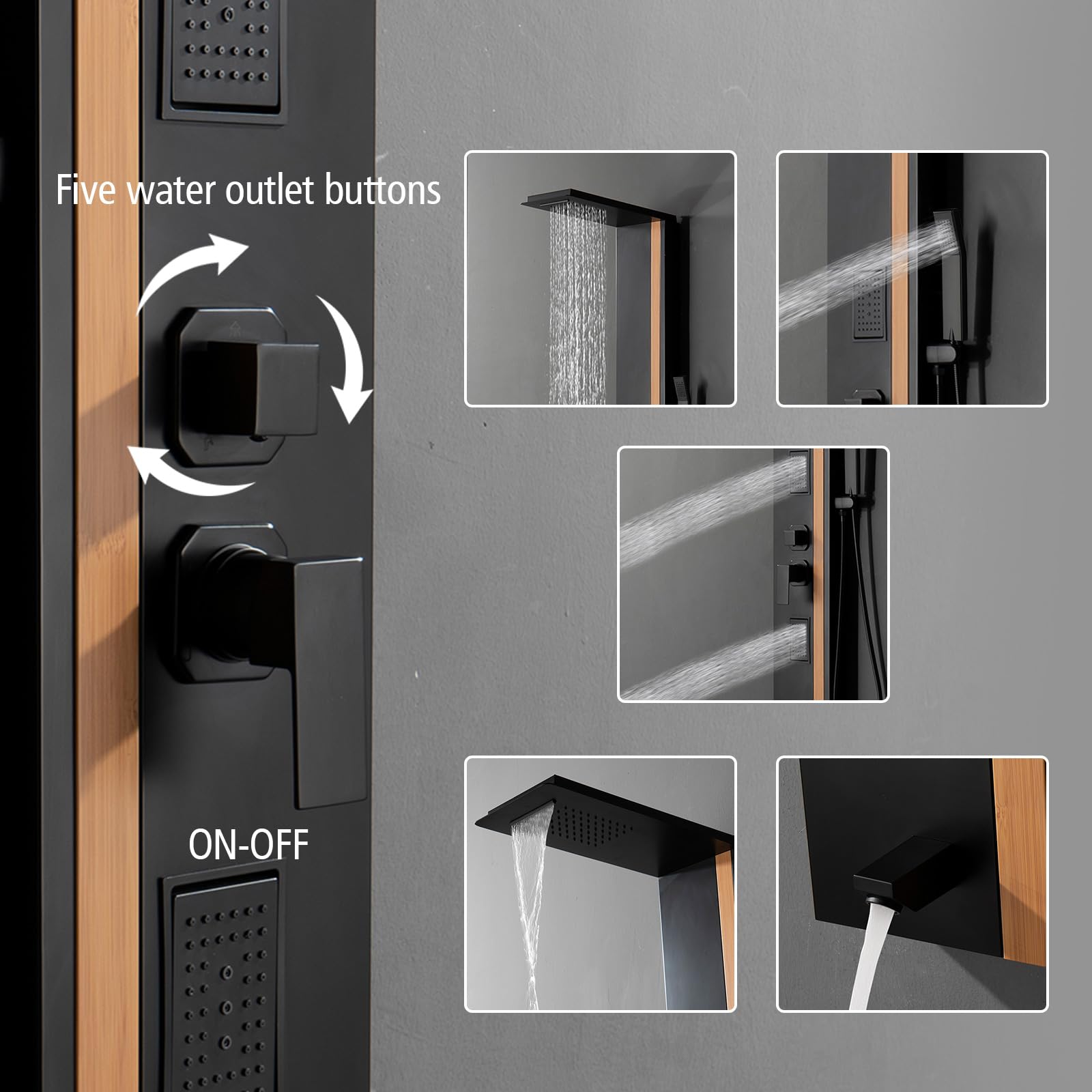 BWE Stainless Steel Shower Tower Panel System - Multi-Function Rainfall Shower Head with Waterfall, Massage Jets & Tub Spout for Luxury Bathroom Upgrade (Black) | Perfect for Spa-Like Experience in Master Bath & Modern Home Renovations