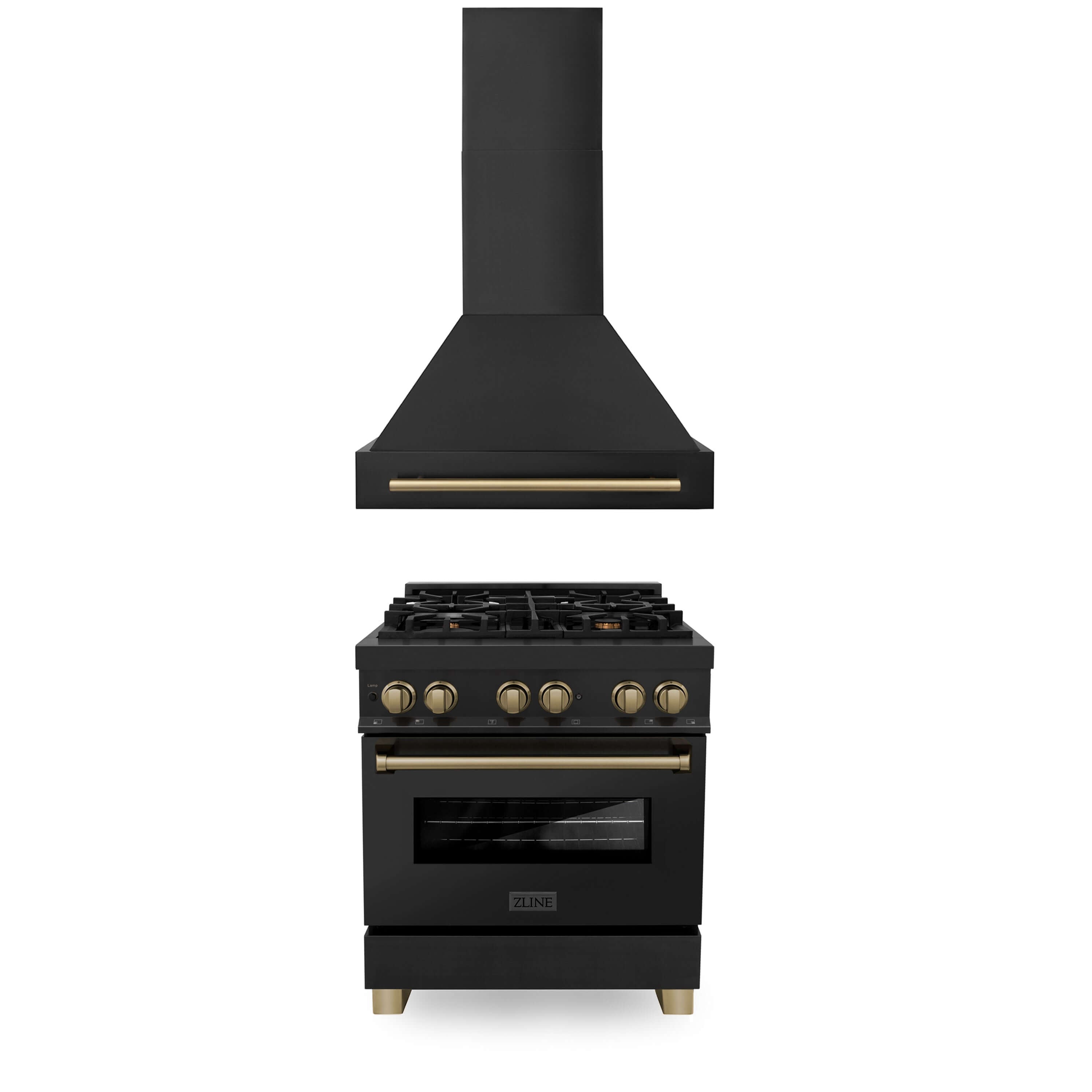 ZLINE Autograph Edition 30-inch Black Stainless Steel Dual Fuel Range with Range Hood - Champagne Bronze Accents (2AKP RABRH30 CB) | Professional Kitchen Package for Home Chefs & Modern Cooking Enthusiasts