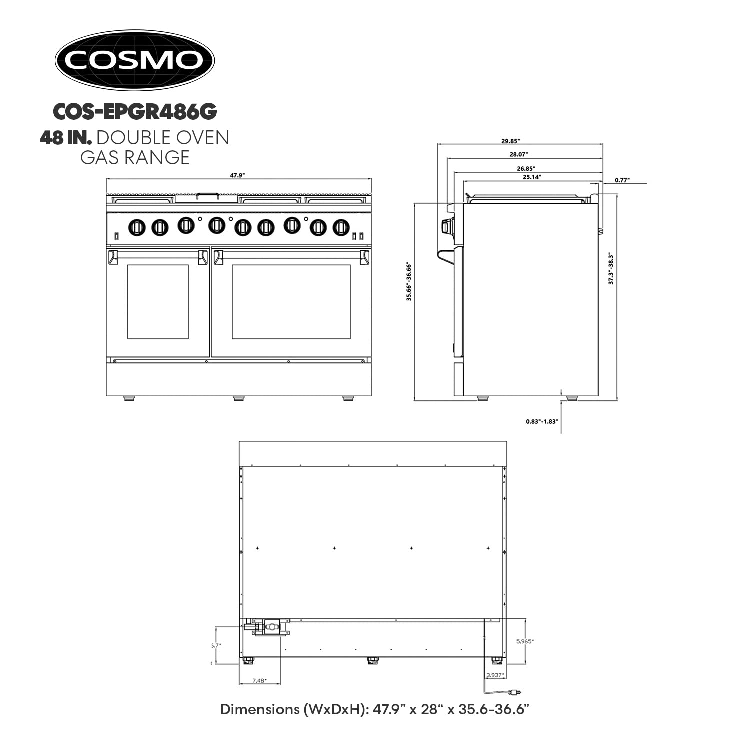COSMO COS-EPGR486G 48-Inch Stainless Steel Gas Range - 6.8 cu. ft. Double Oven, 6 Burners with Griddle & Convection - Knob LED Lights - Perfect for Large Family Kitchens & Holiday Cooking