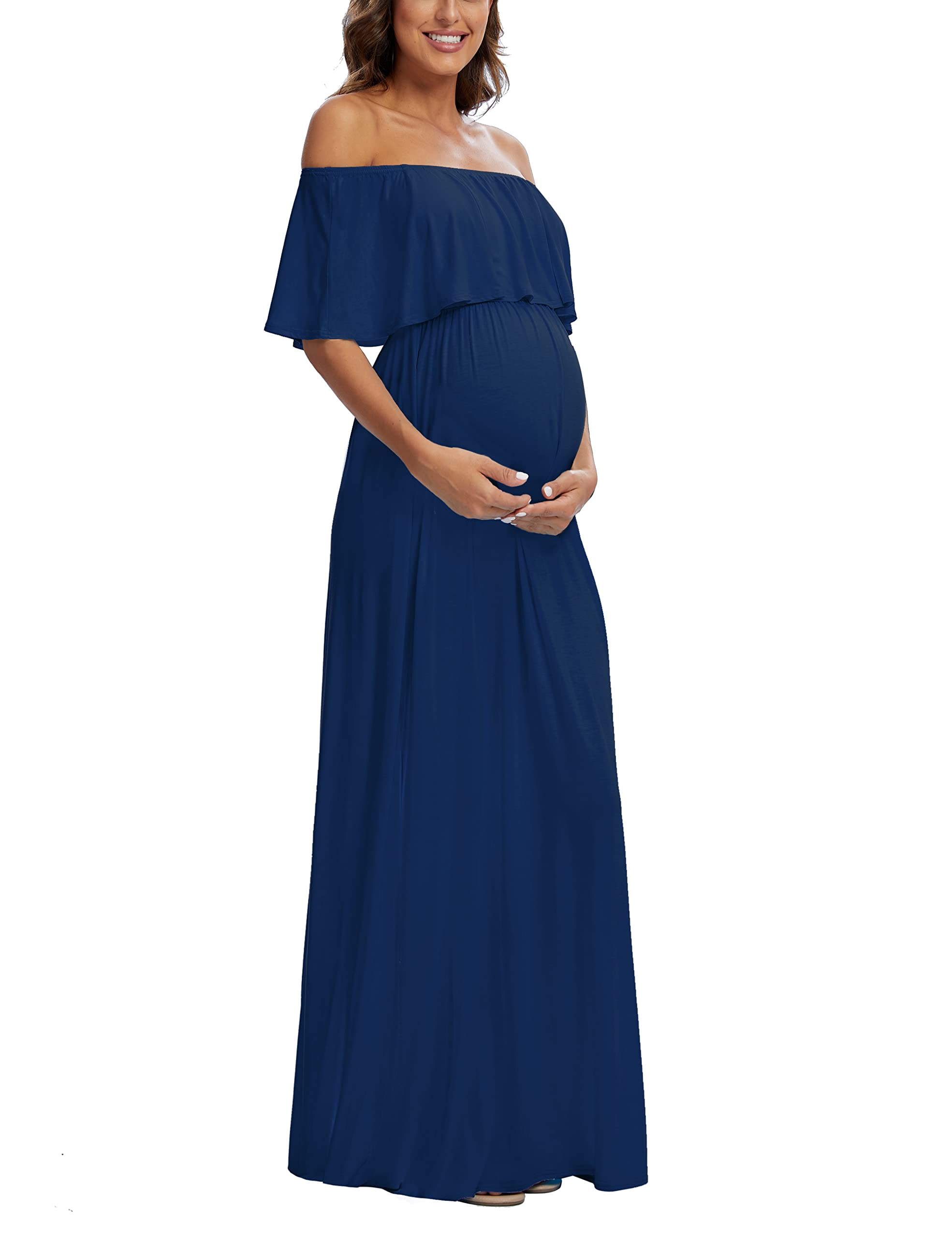 Off The Shoulder Ruffle Maternity Maxi Dress - Long Flowy Photoshoot & Baby Shower Dress for Pregnancy Photos, Maternity Shoot & Special Occasions
