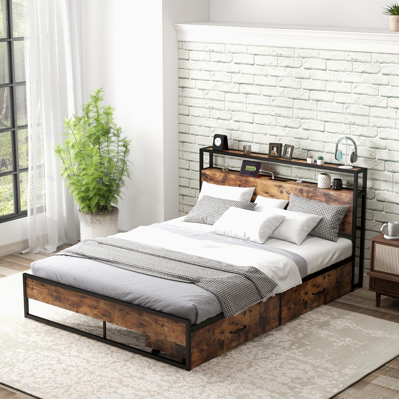 Giantex Queen Bed Frame with 2 Storage Drawers & USB Charging Station, Industrial Metal Platform Bed with 2-Tier Headboard Storage, Rustic Mattress Foundation with Reinforced Slats (No Box Spring Needed) - Perfect for Small Bedrooms, Studio Apartments & Modern Farmhouse Decor