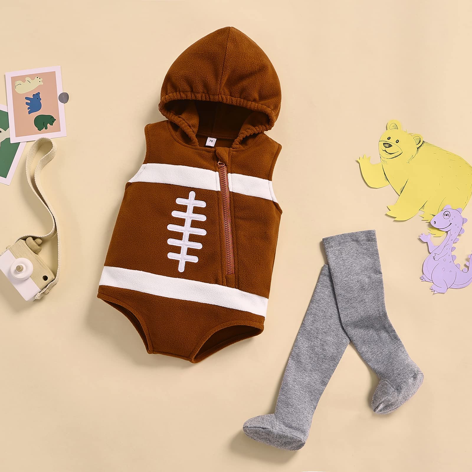 **Baby American Football Rugby Cartoon Romper Set - Hooded Sleeveless Jumpsuit with Zipper & Stockings for Boys & Girls | Game Day Outfit, Sports Theme Party, Casual Playwear**