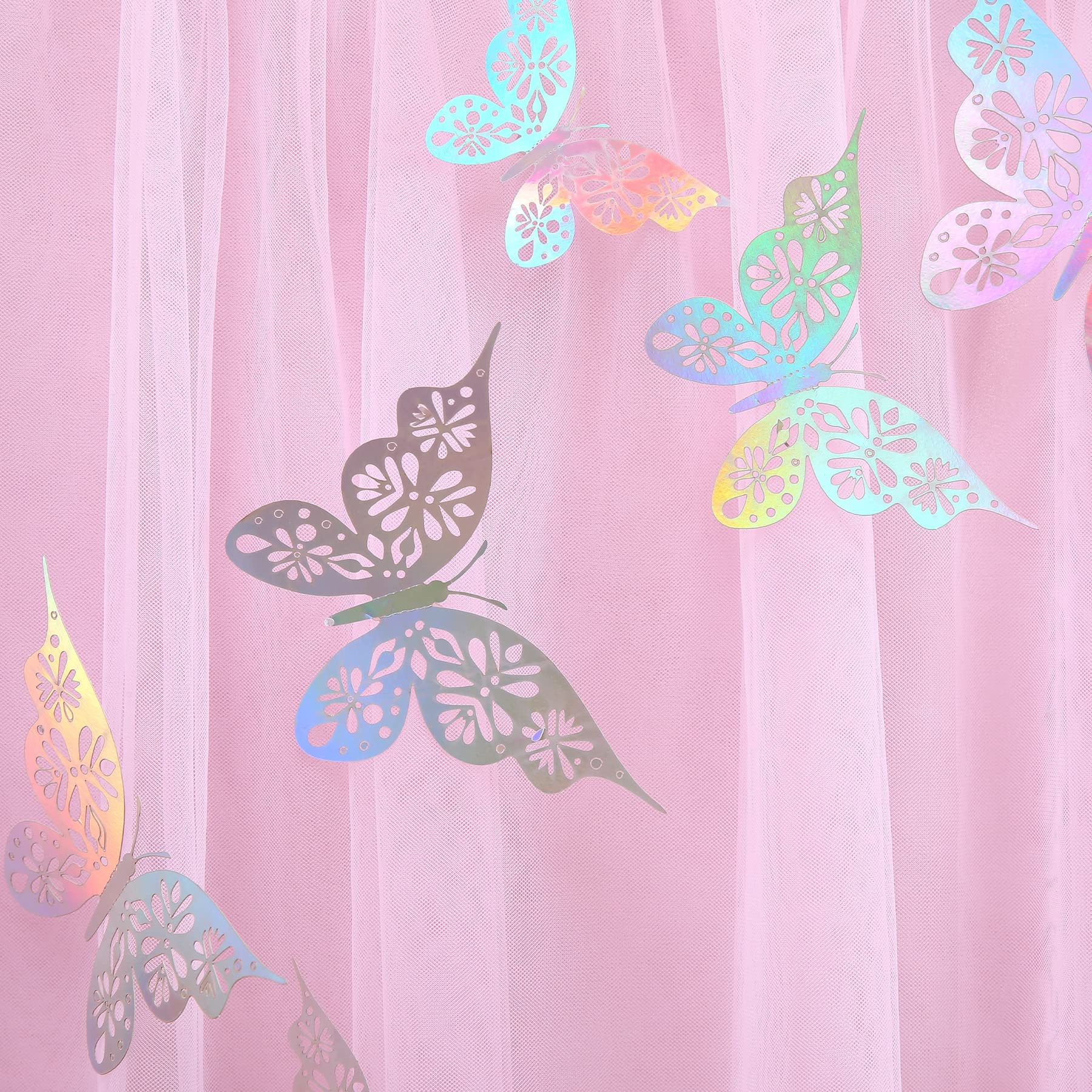 9ft Pink Butterfly Tulle Table Skirt for Rectangle & Round Tables - Tutu Tablecloth for Baby Showers, Girls Birthday Parties, Weddings & Cake Table Decorations - Perfect for Butterfly Theme Events & Dessert Displays