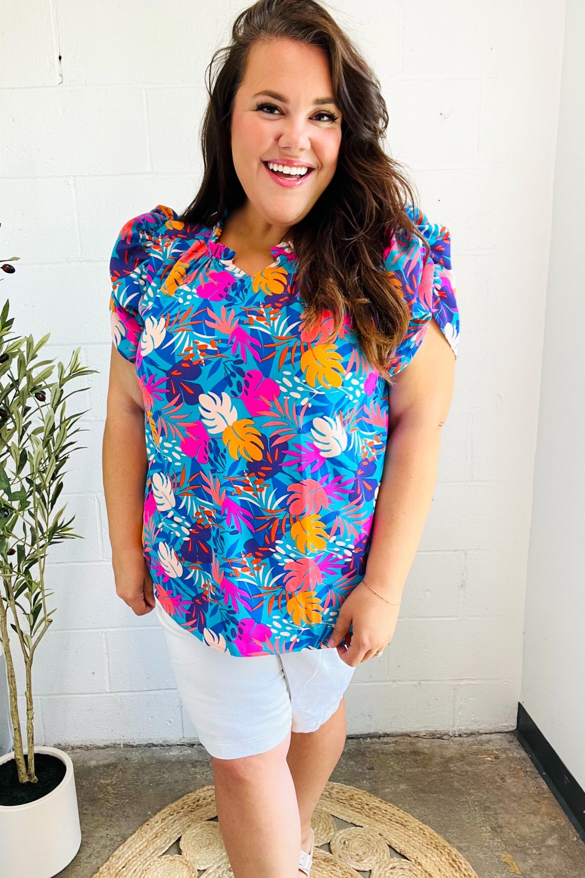 All For You Women's Aqua Tropical Print Frill Notch Neck Puff Sleeve Blouse | Summer Beach Vacation Top | Perfect for Tropical Getaways, Pool Parties & Casual Outings