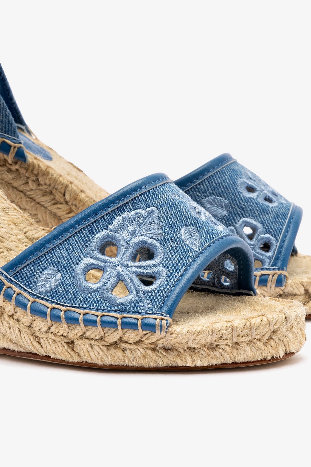 Letizia Blue Denim Espadrille Wedge Sandals with Stone Embellishments & Hibiscus Embroidery - Perfect for Summer Outings, Beach Vacations & Casual Chic Style