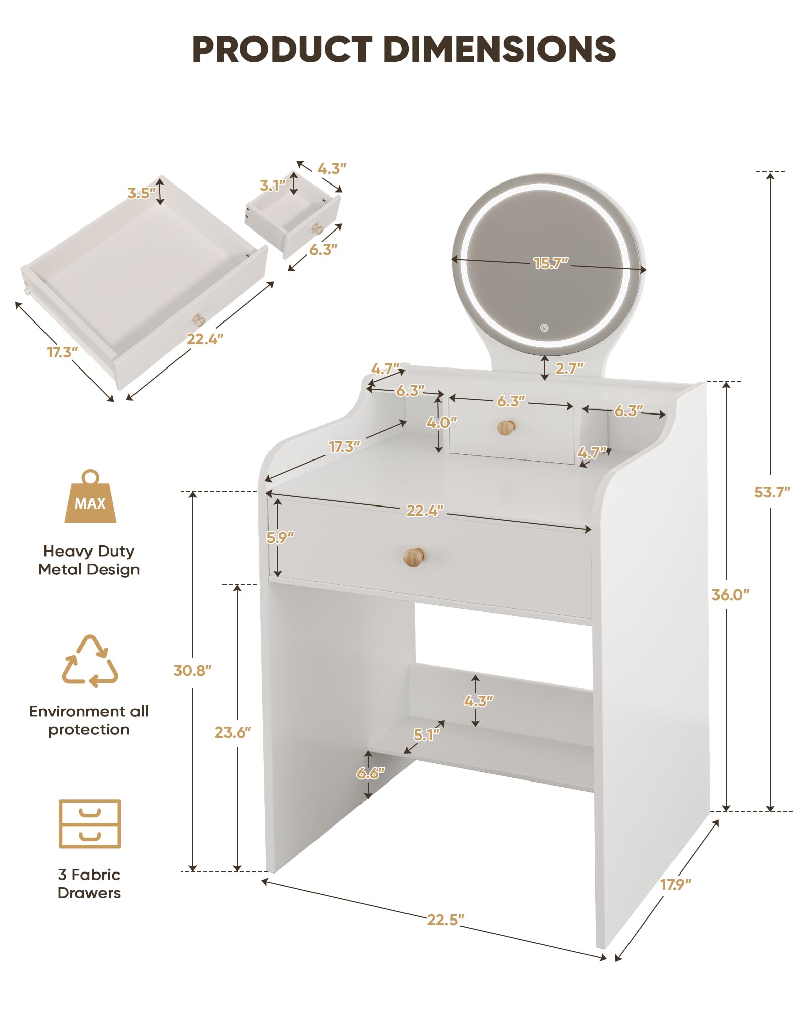 Elegant White Vanity Desk Set with Round Mirror & Built-in Light - Compact Dressing Table with Drawer for Makeup & Skincare - Perfect for Bedroom, Bathroom, or Dorm Room Decor