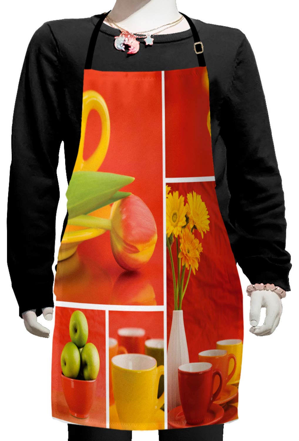 Ambesonne Adjustable Coffee Apron for Baking & Painting - Floral Tulip & Apple Design in Warm Red, Yellow, Green Colors - Perfect for Baristas, Home Bakers & DIY Crafters