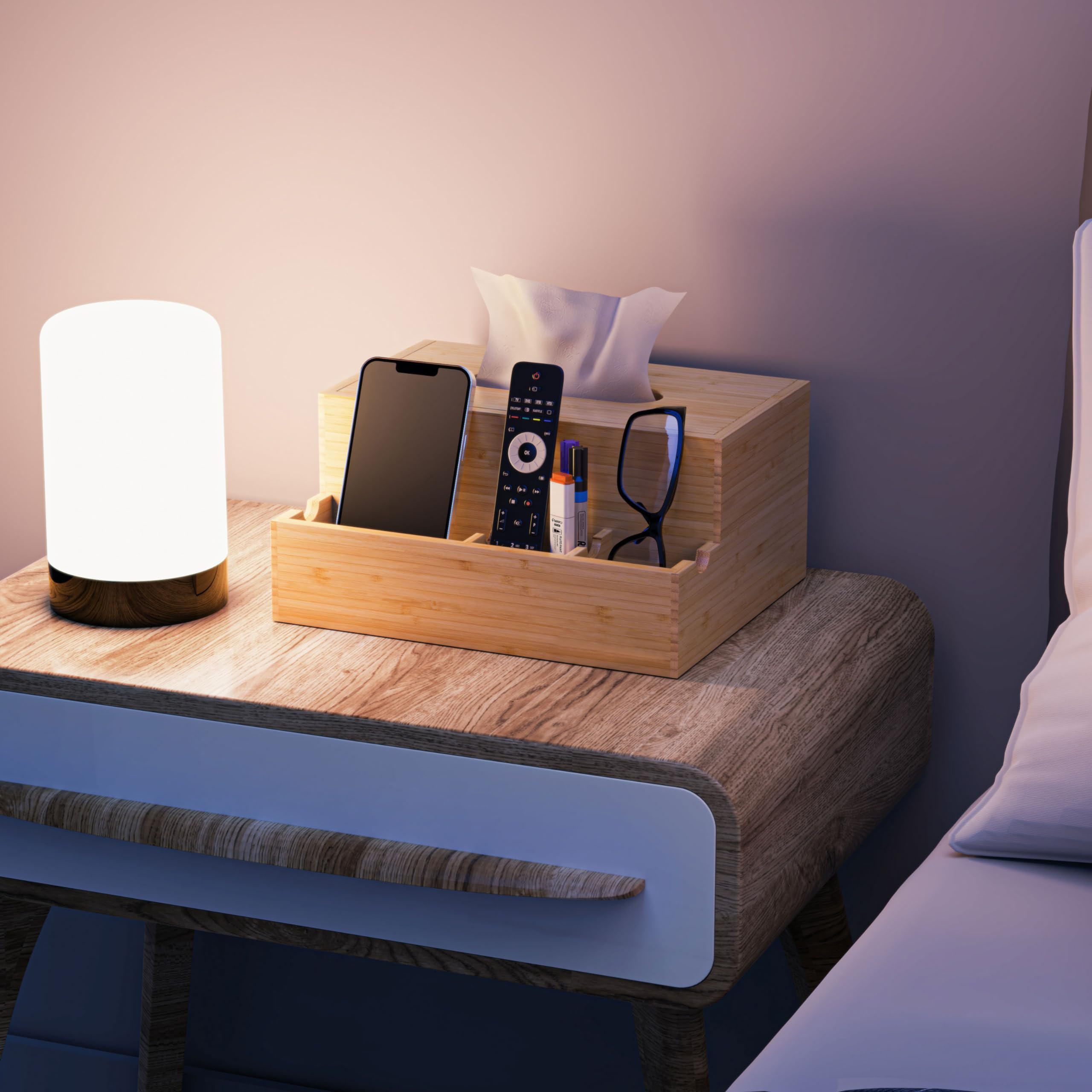 Bamboo Tissue Box Cover - Rectangular Nightstand & Desk Organizer, Multifunctional Makeup Storage Box for Women - Perfect for Bedroom, Bathroom & Office Decor