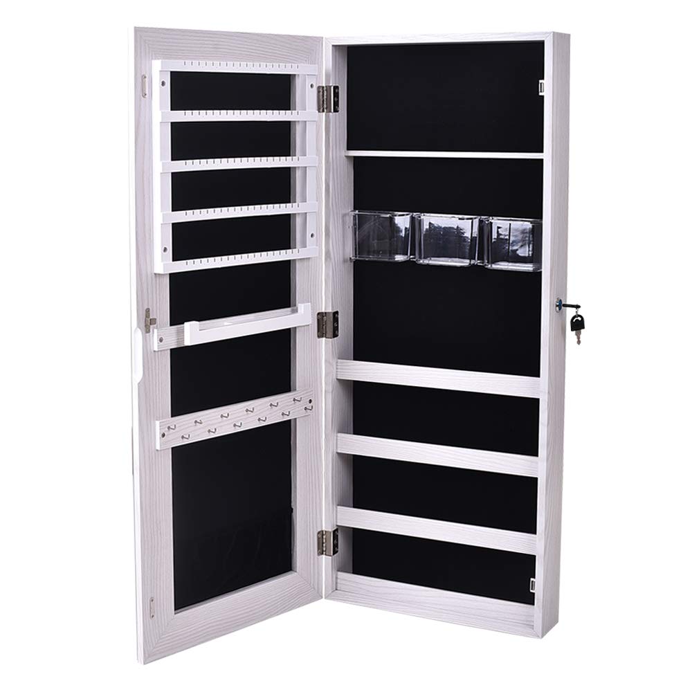 White PVC Film Wall Mount Jewelry Cabinet with Full-Length Mirror and Lock - Perfect for Bedroom, Closet & Dressing Room Organization