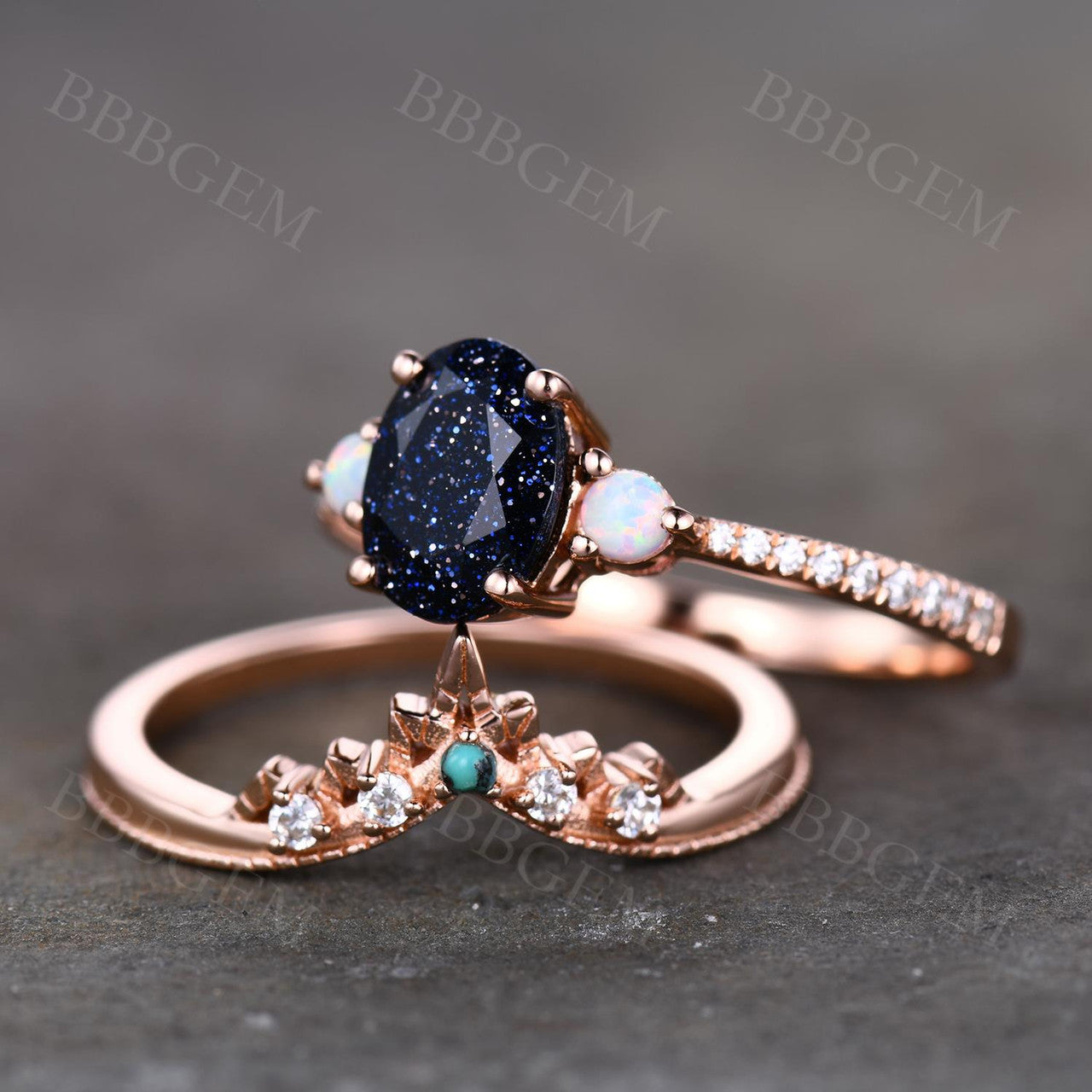 5x7mm Oval Cut Pink Gold Blue Sandstone Half Eternity Diamond Wedding Band Set - Curved Matching Bridal Rings for Engagement, Anniversary & Special Occasions