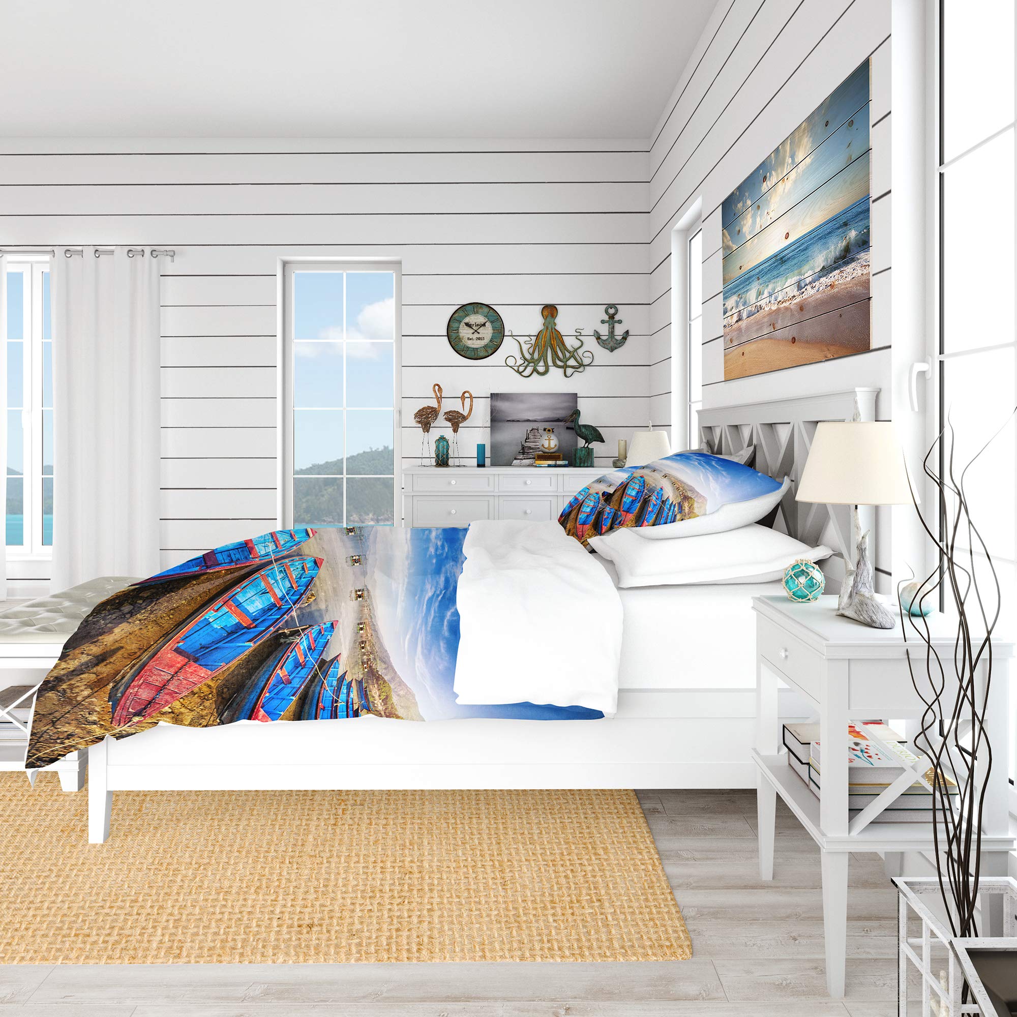 Blue Boats Under Blue Sky Nautical Queen Duvet Cover Set - 3 Piece Coastal Beach Bedding for All Seasons | Perfect for Beach House, Guest Room & Coastal Themed Bedroom Decor