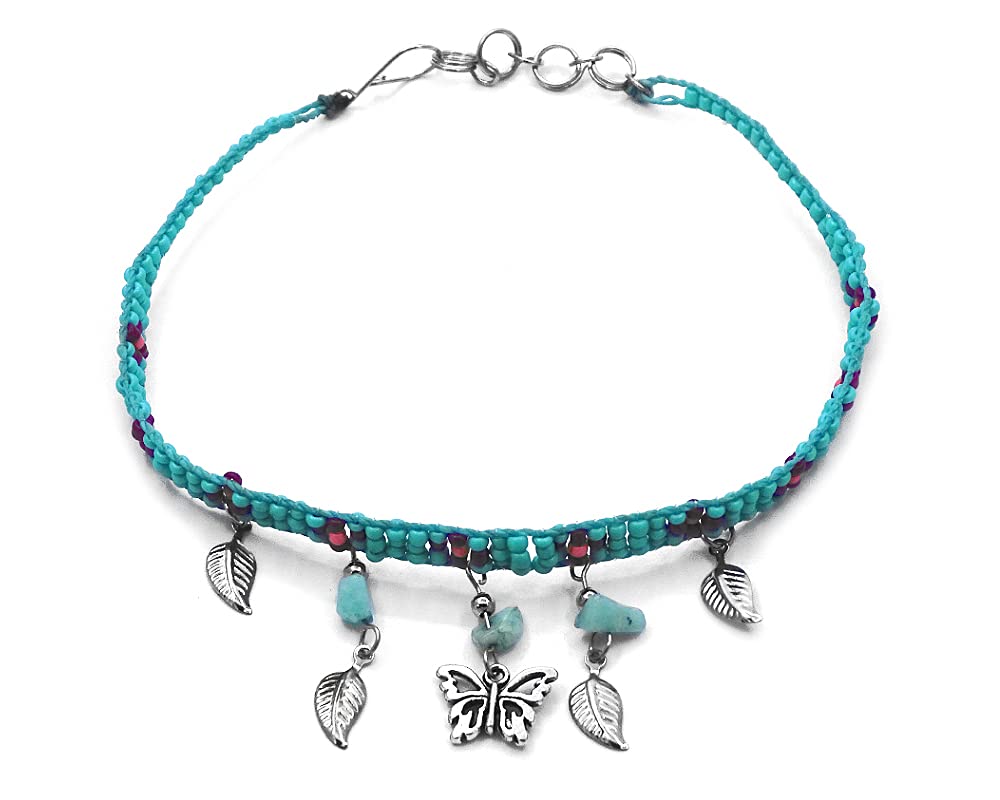Butterfly Charm Metal Leaf Chip Stone Dangle Seed Beaded Floral Anklet - Handmade Boho Jewelry for Women, Perfect for Summer Outfits, Beach Vacations & Festival Accessories
