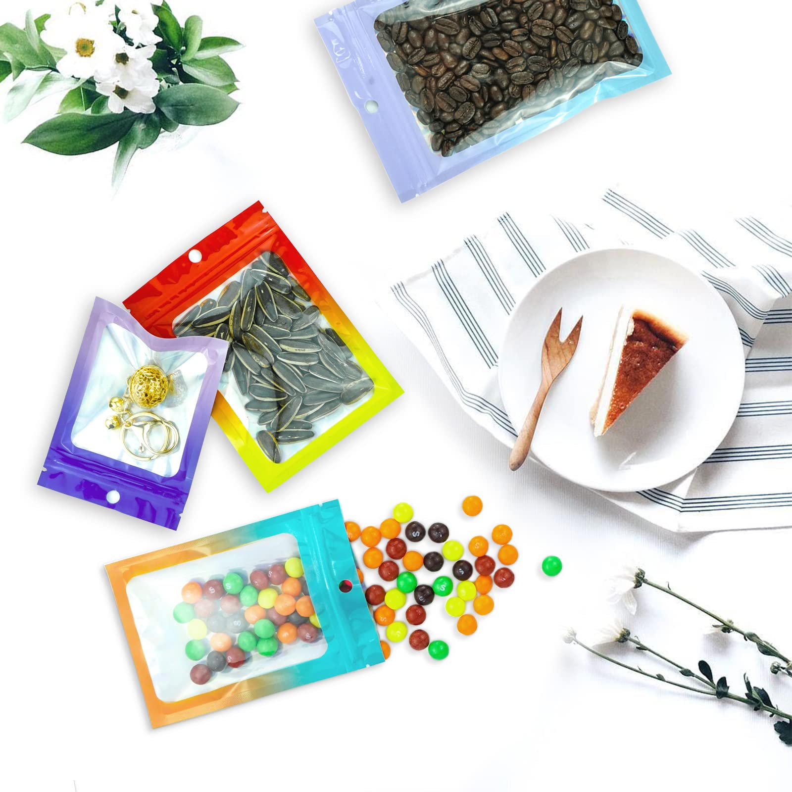 100-Piece Smell Proof Mylar Bags with Clear Window | Airtight Resealable Food Storage Bags for Party Favors, Small Business Packaging & Bulk Food Storage (2.8×4 Inch, Gradient Purple) - Perfect for Candy, Coffee, Tea, Herbs & DIY Gift Packaging