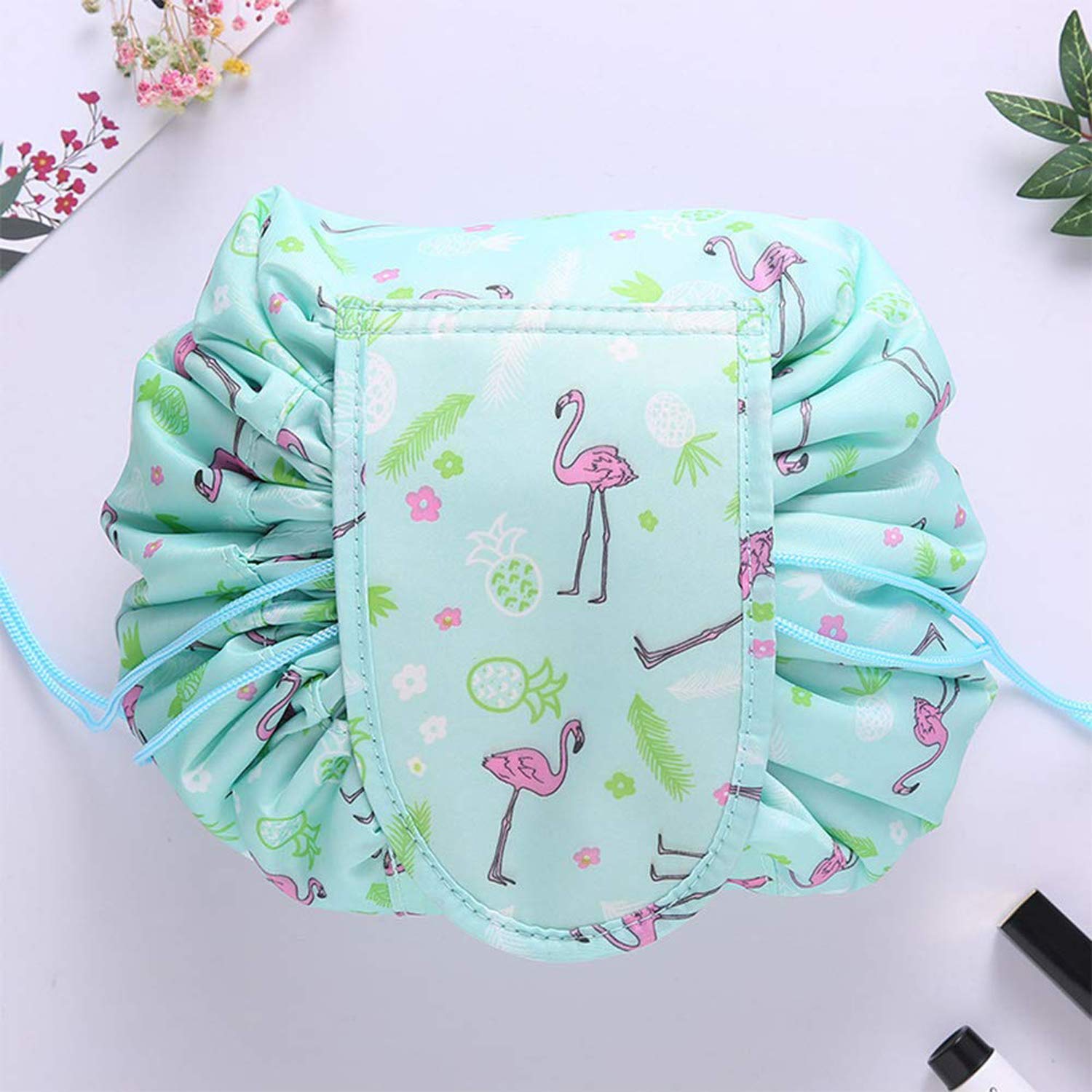 Favira Stylish Makeup Pouch for Women - Travel Cosmetic Bag & Toiletry Organizer (Green Flamingo Print) - Perfect for Vacation, Gym, and Daily Essentials Storage