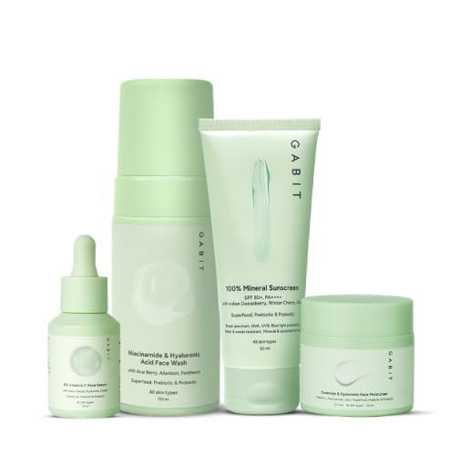 Abit Skincare Gamechangers Kit - Niacinamide & Hyaluronic Acid Face Wash, 8% Vitamin C & Arbutin Serum, Ceramide & Hyaluronic Moisturizer, 100% Mineral Sunscreen (230ml) - For Men & Women, All Skin Types - Daily Skincare Routine for Glowing Skin