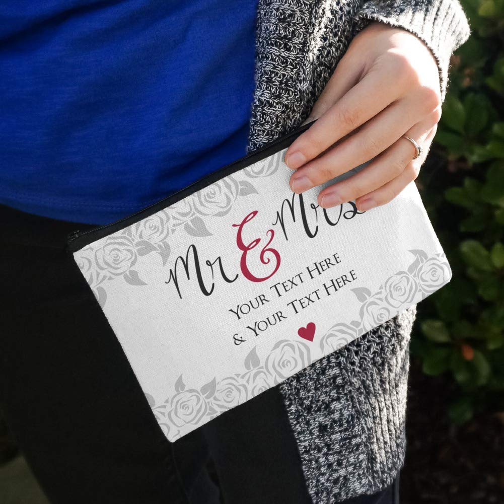 Personalized Mr and Mrs Wedding Makeup Bag - Custom 2 Lines Engraved Cosmetic Pouch Organizer for Bridal Shower, Honeymoon & Travel Essentials