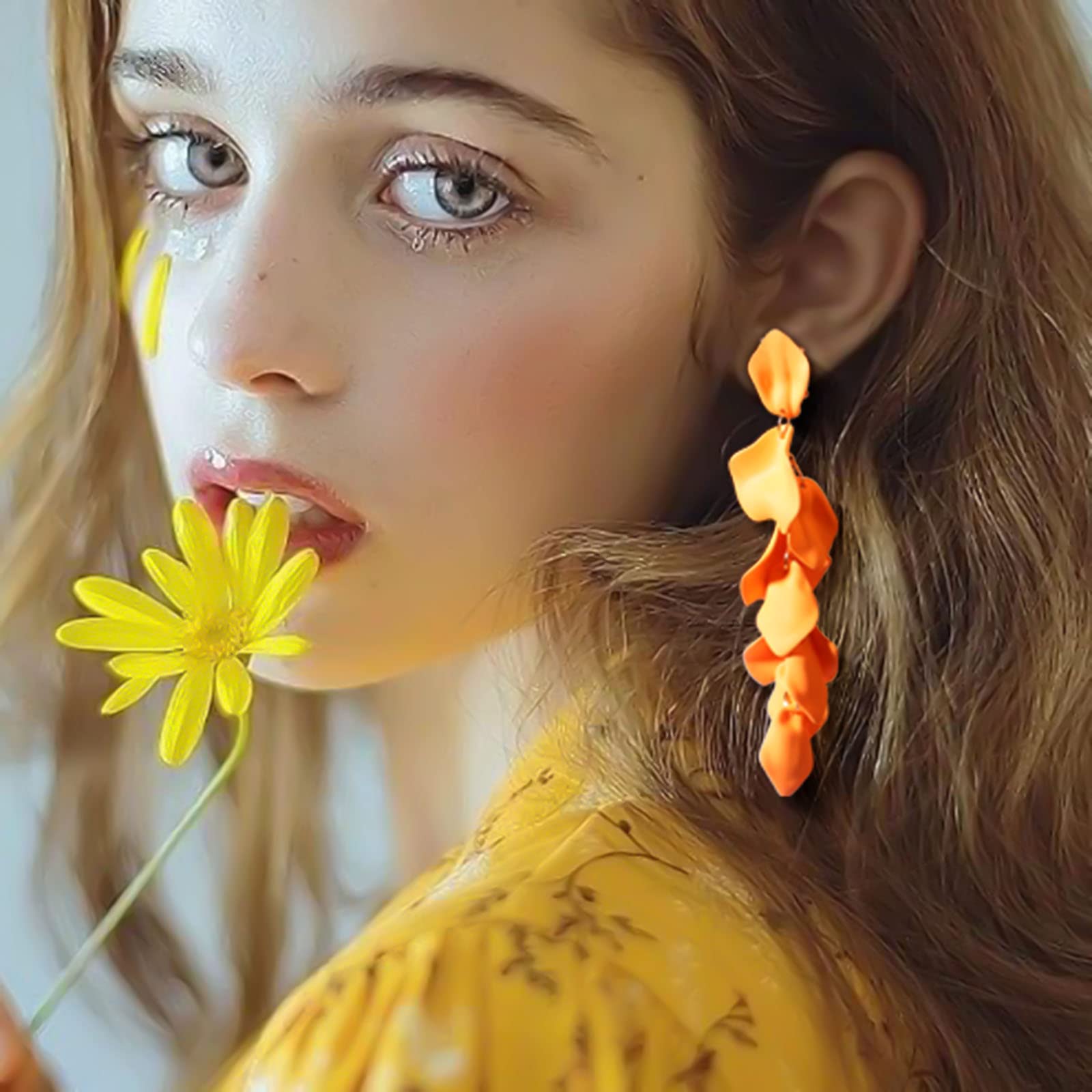 Dangle Acrylic Petal Earrings - Long Drop Rose Flower Dangle Earrings for Women | Elegant Boho Chic Jewelry for Parties, Weddings & Date Nights