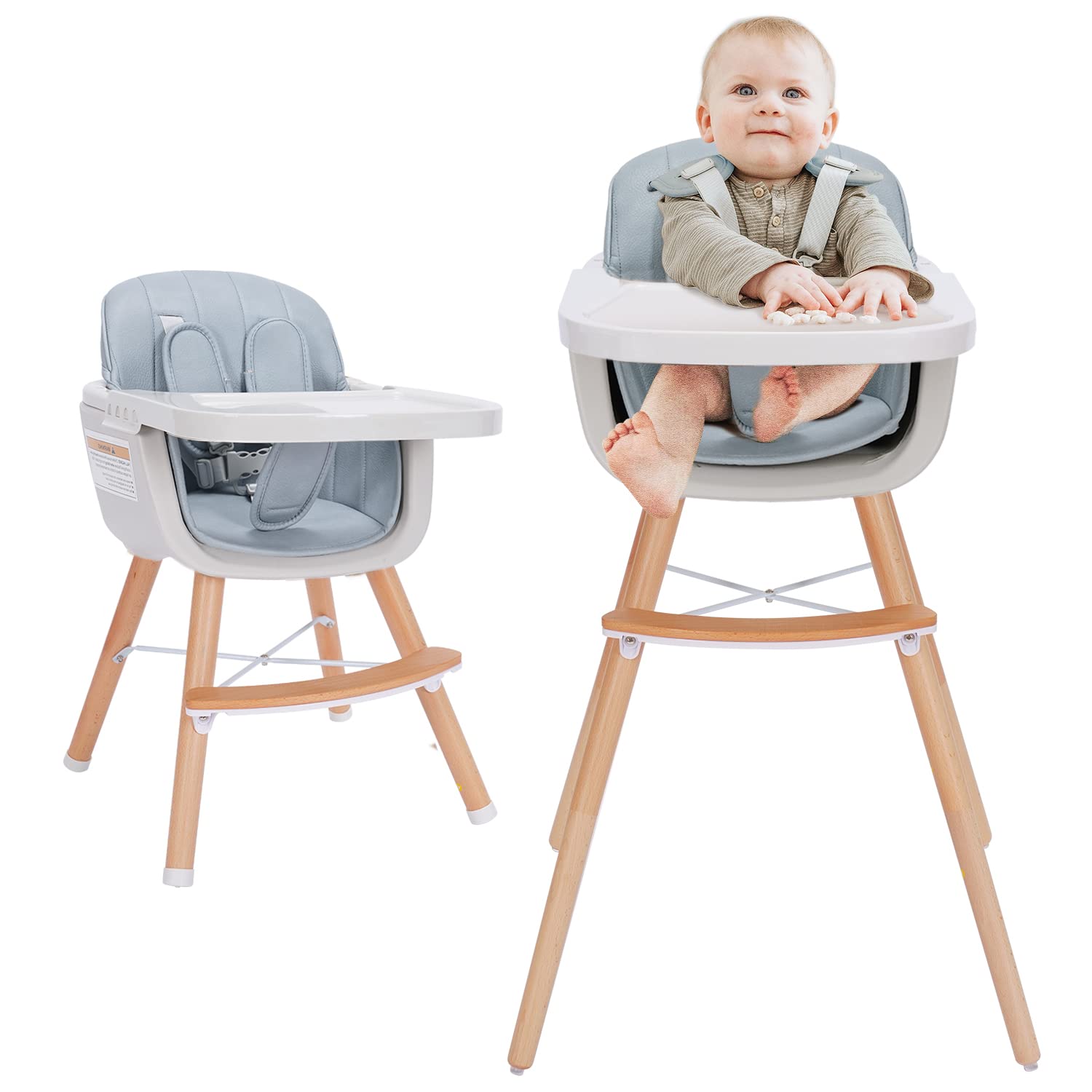 3-in-1 Convertible Wooden High Chair for Babies & Toddlers | Adjustable Height & Dishwasher Safe Tray | Premium Hardwood & Leatherette Construction | Blue | Perfect for Dining, Feeding & Learning Playtime