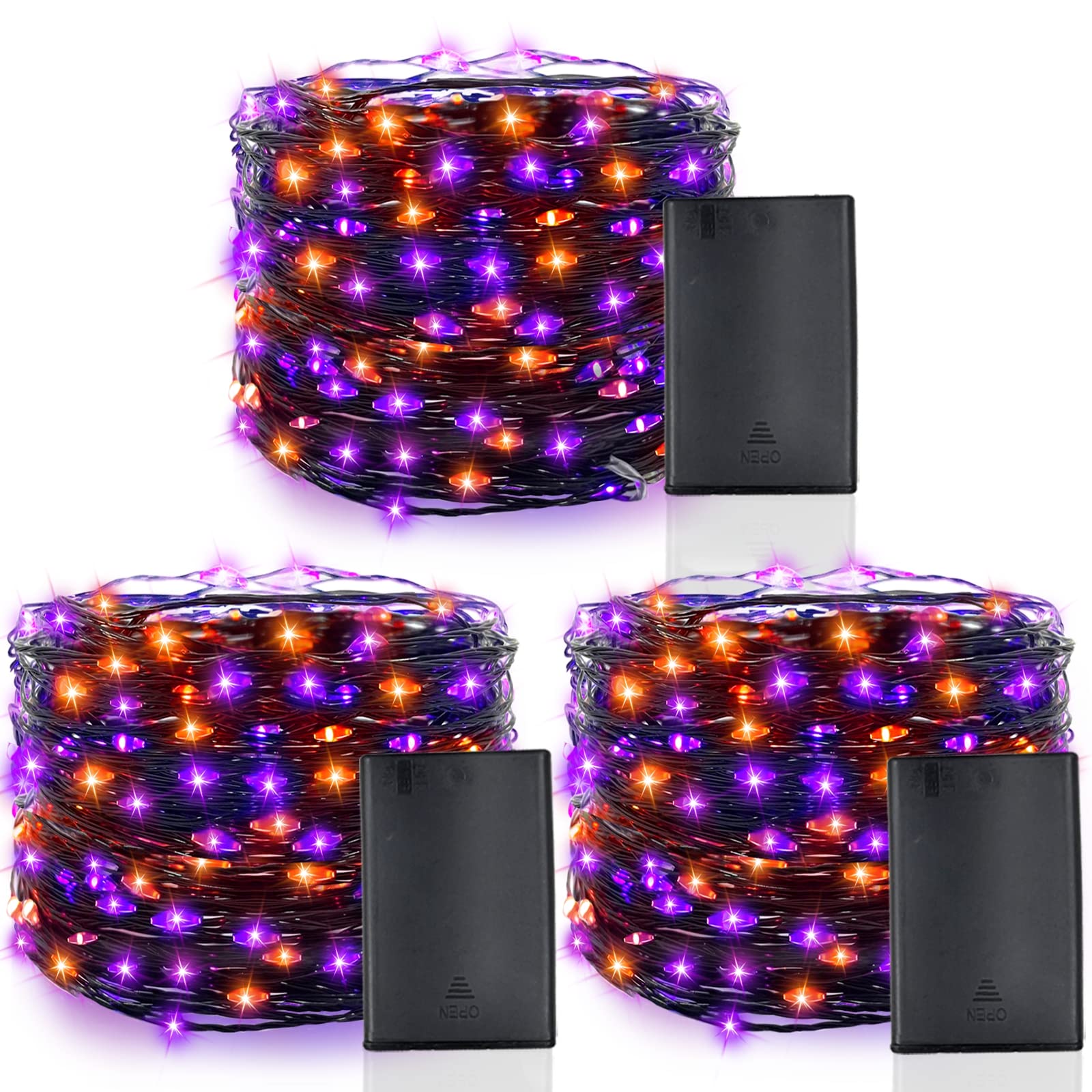 3-Pack Halloween String Lights with Timer - 150 LED (50ft Total) Black Wired Fairy Lights in Orange & Purple - Battery Operated Indoor/Outdoor Decor for Garden, Yard, Party - Perfect for Halloween, Christmas, Weddings & Home Decoration