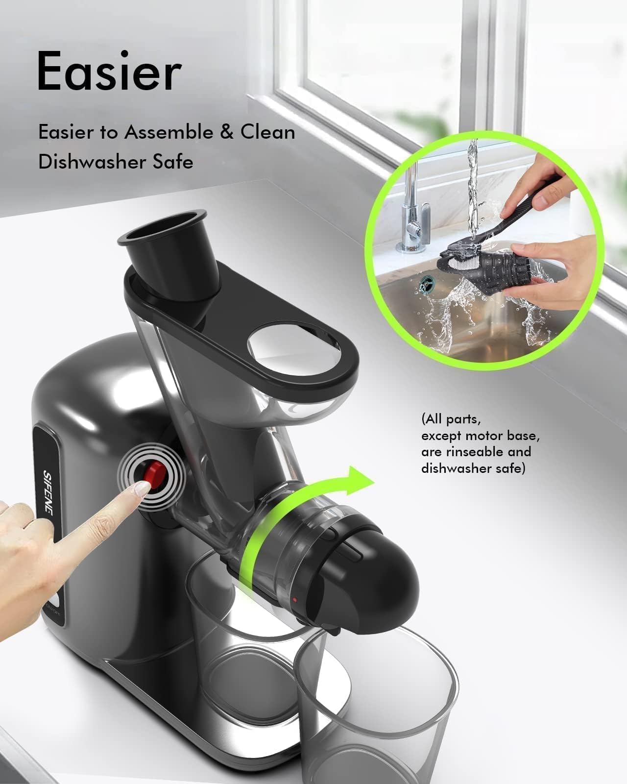 SiFENE Compact Cold Press Juicer - Single-Serve Slow Masticating Juicer for Small Families | Easy to Clean, Anti-Clog Design, Quiet Motor | BPA Free & Kid Safe | Perfect for Minimalist Kitchens & Healthy Morning Juices (Renewed, Gray)
