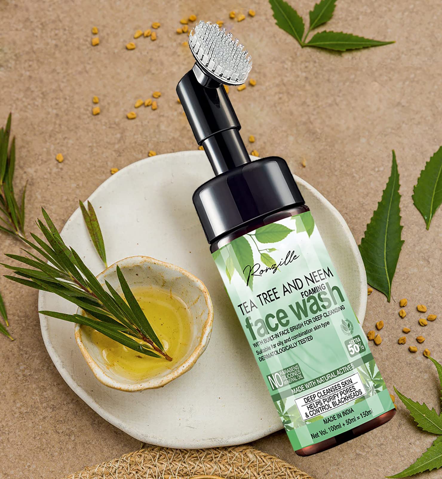 Ronzille Apple Cider Vinegar Foaming Face Wash with Built-In Brush - Deep Cleansing Facial Cleanser for Acne & Oily Skin (150ml, Tea Tree & Neem) - Gentle Exfoliation & Pore Minimizing for Daily Skincare Routine