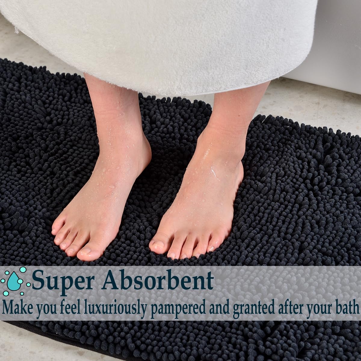 4-Piece Plush Bathroom Rug Set - Soft Shaggy Chenille Non-Slip Bath Mats for Bathroom Floor, Tub & Shower - Ultra Absorbent & Durable - Perfect for Modern Bathrooms & Spa-Like Retreats (Black)