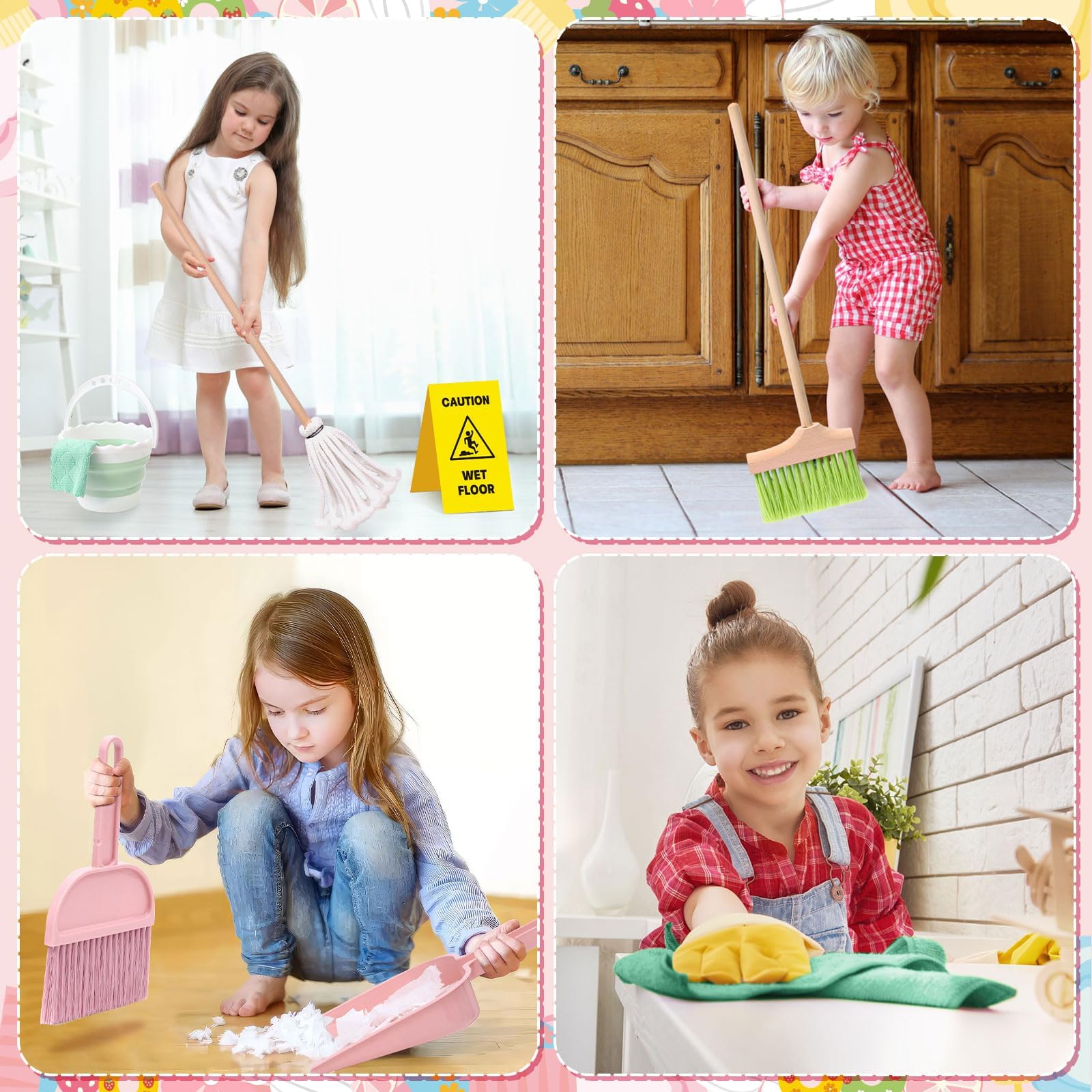 Wooden Kids Cleaning Toy Set - 12 Pcs Pretend Play Housekeeping Playset with Mop, Broom, Dustpan & Bucket - Montessori Learning Toys for Toddlers Age 3-6 - Perfect Gift for Boys & Girls - Encourages Role Play & Cleaning Skills Development