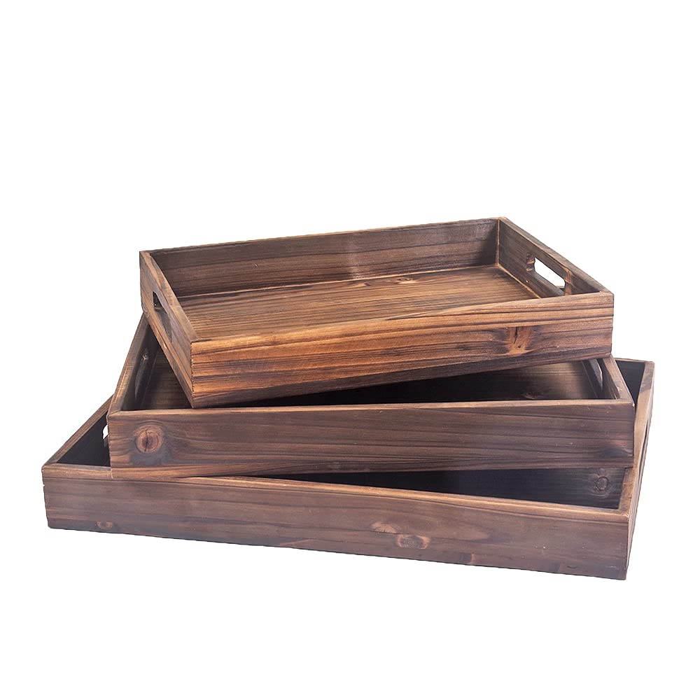 Rustic Wooden Serving Tray Set of 3 - Handled Ottoman Trays for Food, Drinks & Coffee - Decorative Platter for Dining, Living Room & Coffee Table - Brown Retro Nesting Trays