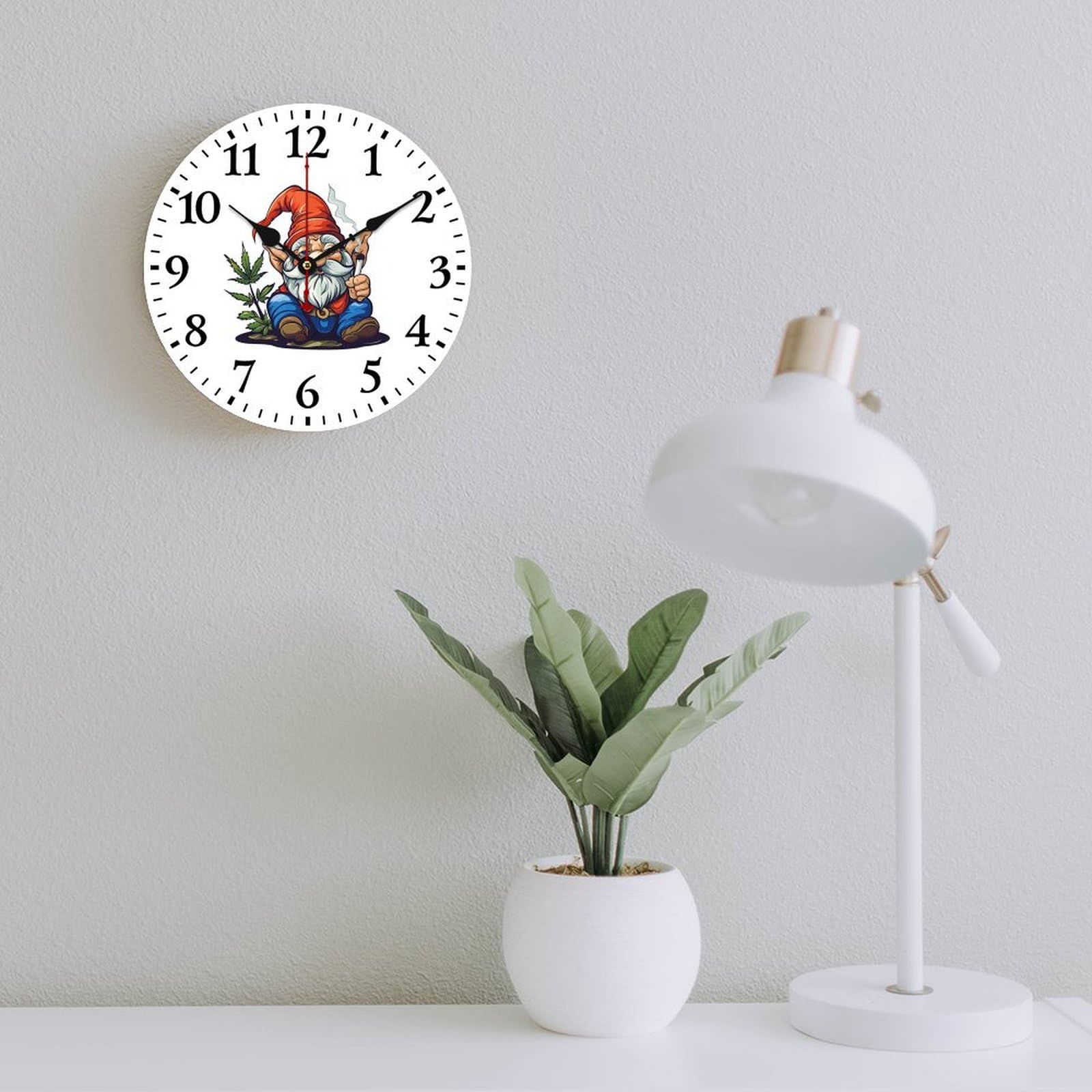 Funny Weed Gnome Wall Clock - Wooden Silent Non-Ticking Round Clock (40x40cm) Battery Operated for Kitchen, Living Room, Office & Garden Decor