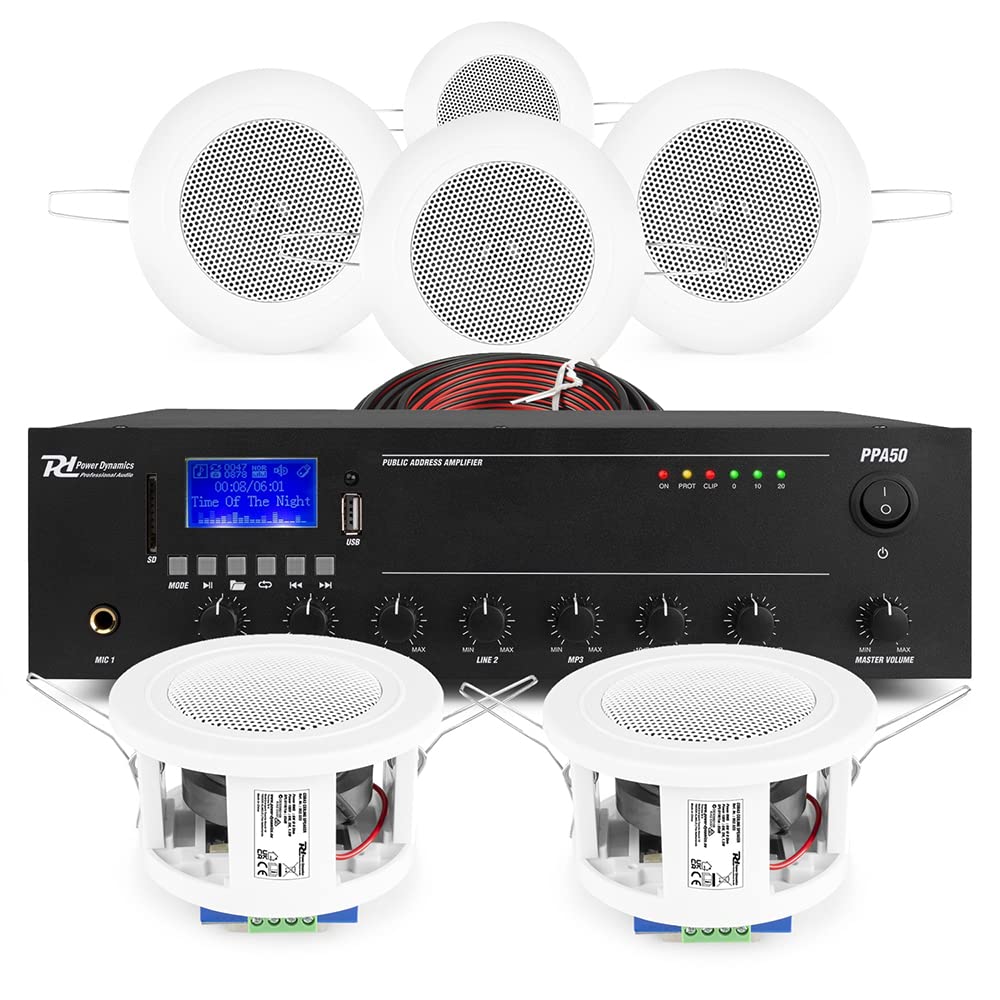 Power Dynamics CSBA3 100V Ceiling Speaker System with Bluetooth - 6 Pack 3-Inch Commercial Speakers & Mixer Amplifier for Restaurants, Retail Stores & Office Background Music