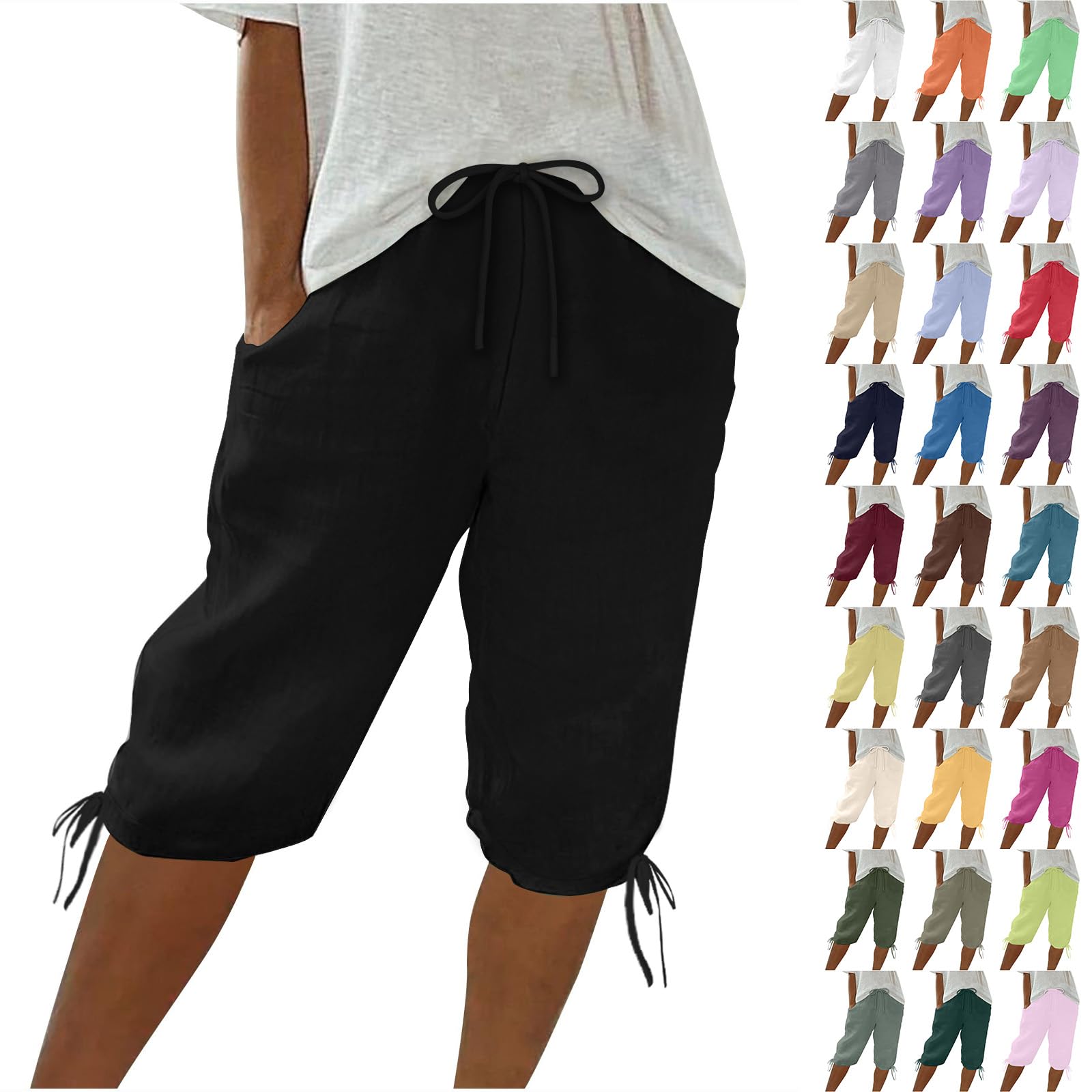 Women's Linen Shorts - Cotton Bermuda Drawstring Waist with Pockets for Summer Beach