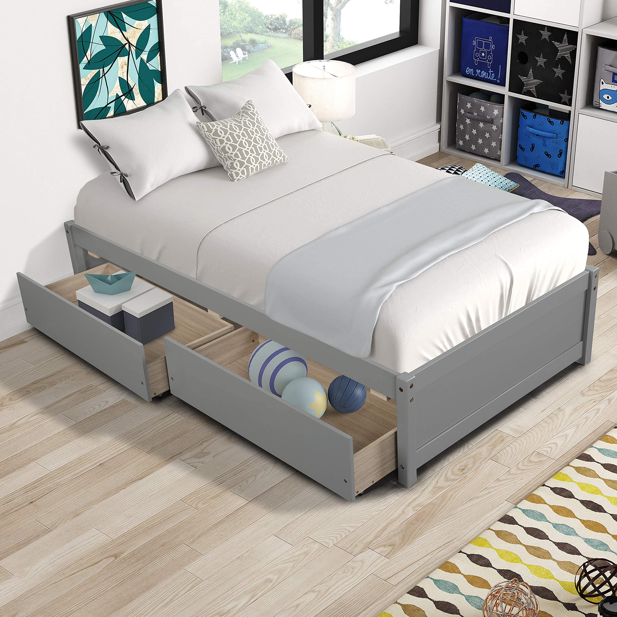 Autokola Twin Size Wooden Bed Frame with 2 Storage Drawers - Sturdy Platform Bed for Kids & Teens, No Box Spring Needed, Easy Assembly (Perfect for Small Bedrooms, Dorm Rooms & Space-Saving Kids' Rooms)