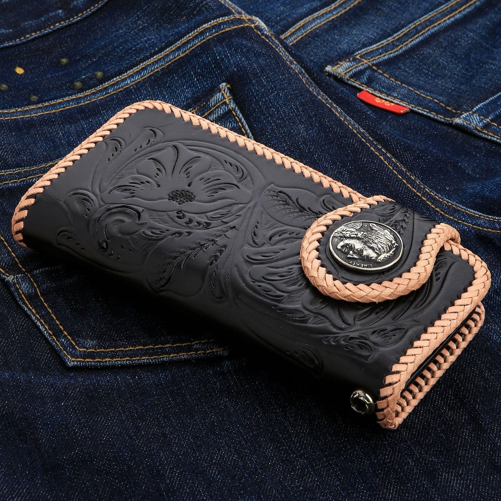Genuine Leather Biker Wallet - Black & White Indian Snap Design for Men & Women | Perfect for Motorcycle Riders, Travel & Everyday Use