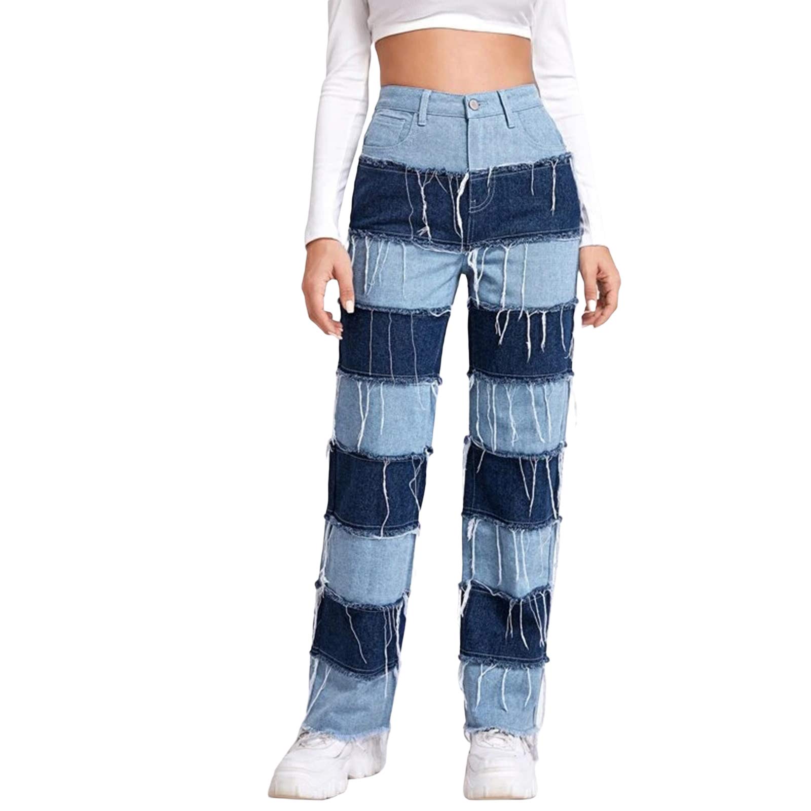 YGHJK Y2K Fashion Jeans for Women - Patchwork Straight High Waisted Tassel Jeans | Color Block Baggy Pants | Streetwear & Casual Outfit | Perfect for Parties, Dating and Daily Wear