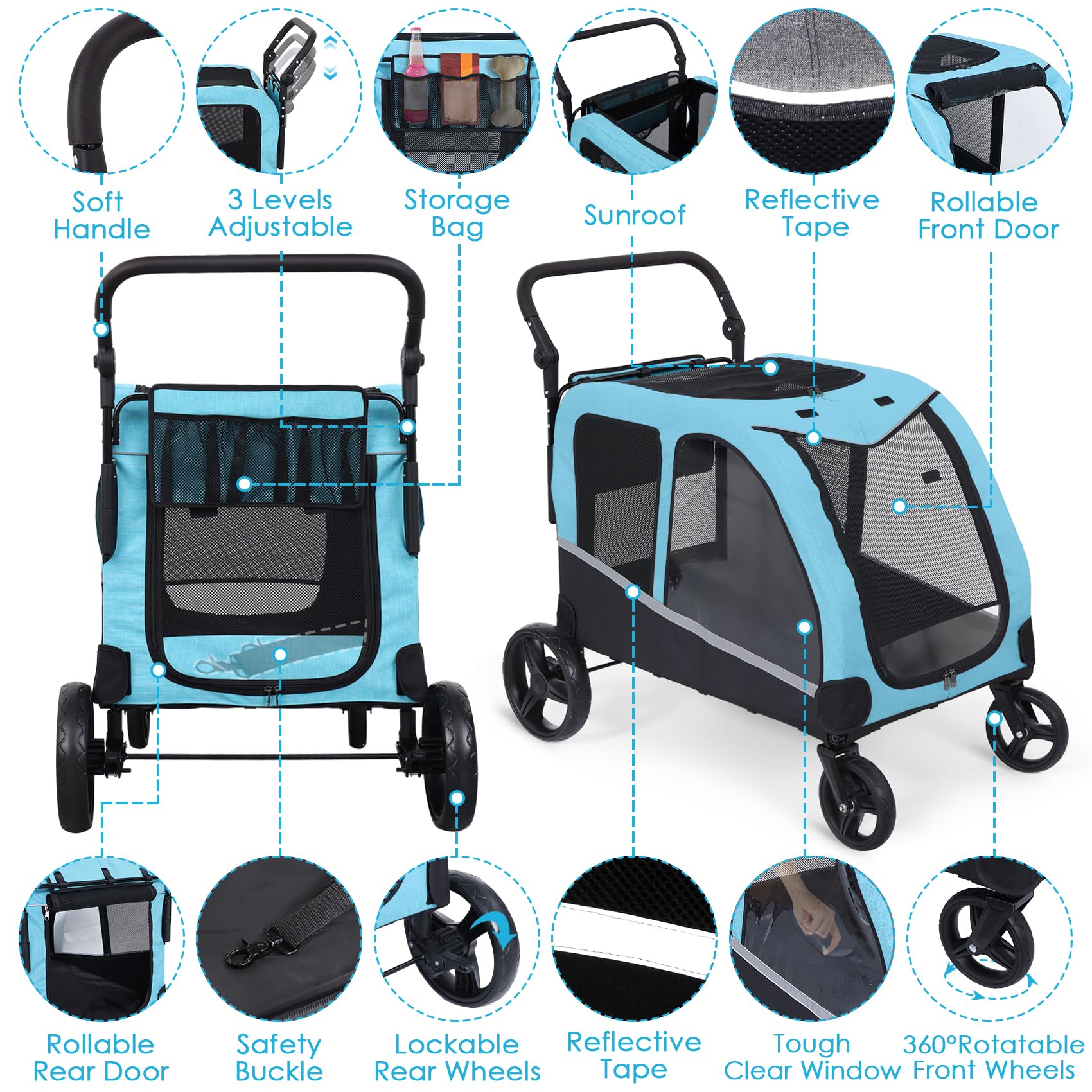 **Extra Large Pet Stroller for Medium & Large Dogs - Foldable, Adjustable Handle, 160 lbs Capacity - Perfect for Walks, Travel & Vet Visits**