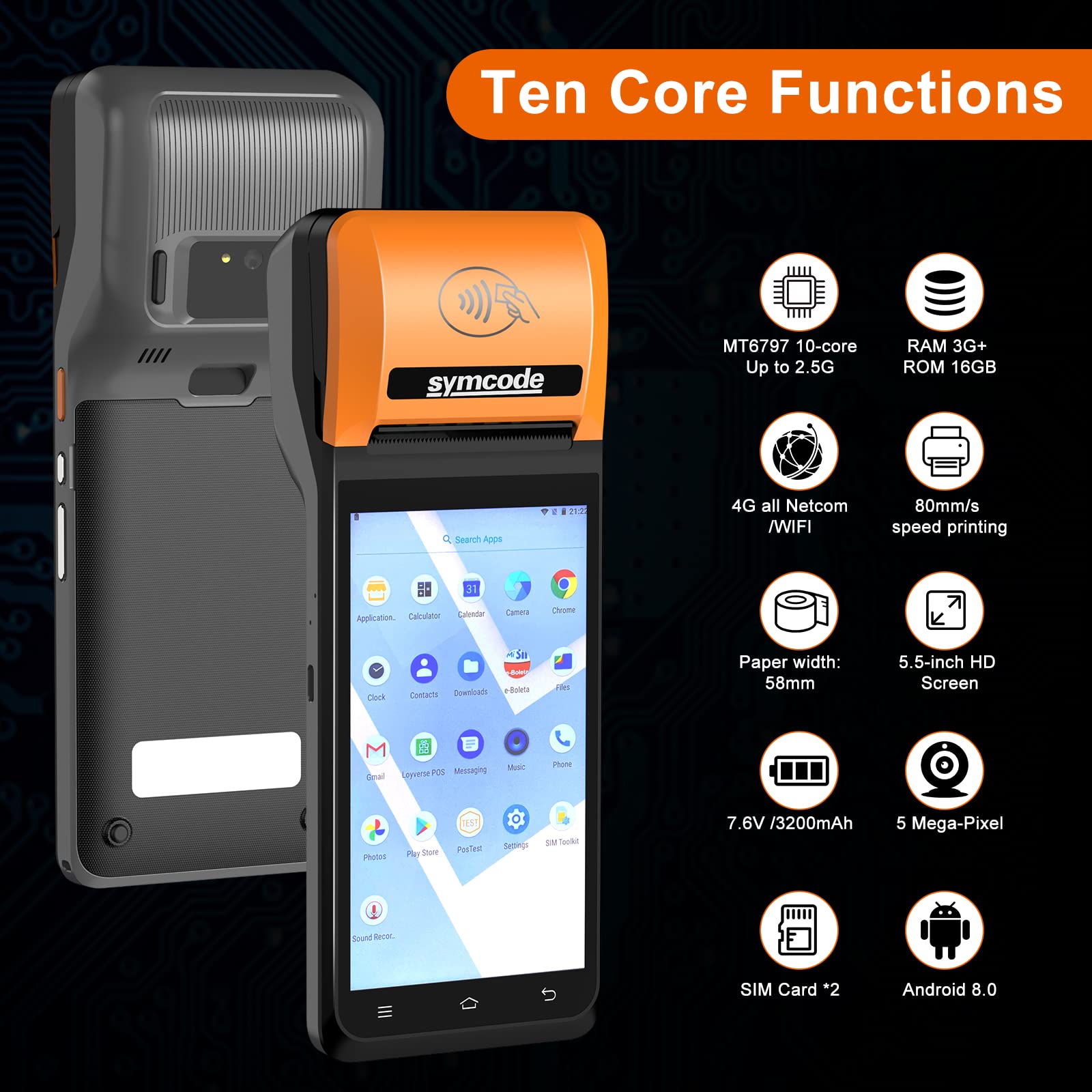 Symcode POS PDA Thermal Receipt Printer with 1D/2D Barcode Scanner - 5.5