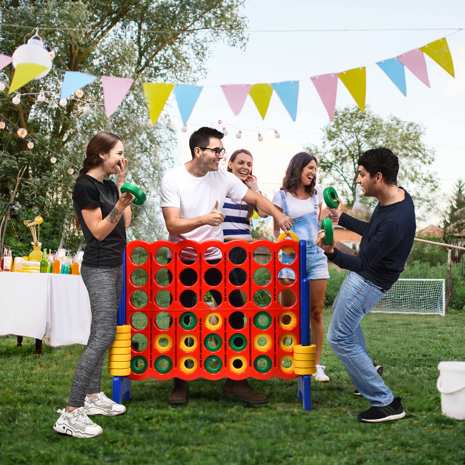 HONEY JOY Jumbo 4-to-Score Giant Game Set - Outdoor Yard Games for Family & Friends - 42 Large Rings with Quick-Release Slider - 3.5FT Tall 4-in-A-Row Connect Game for Kids & Adults - Perfect for Backyard Parties, Picnics, and Outdoor Gatherings