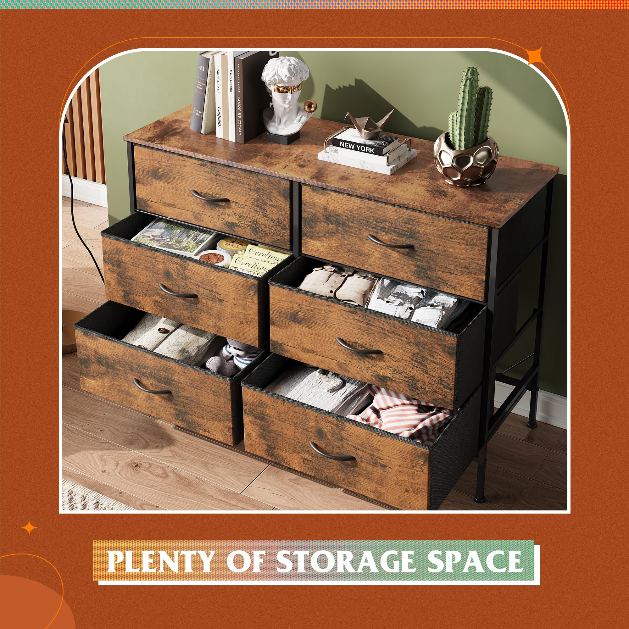 6-Drawer Fabric Dresser with Wooden Top - TV Stand for 50