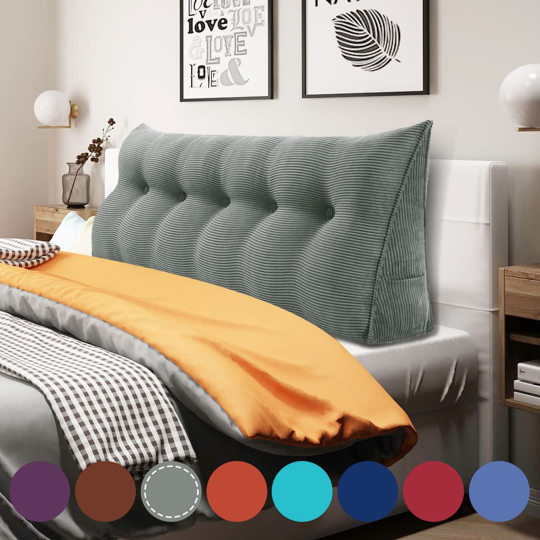 WOWMAX Wedge Body Pillow for Reading & Bedrest - Large Lumbar Support Cushion with Removable Corduroy Cover (Grey, 59x8x20 Inch) - Perfect for Daybeds, Sofas & Back Pain Relief