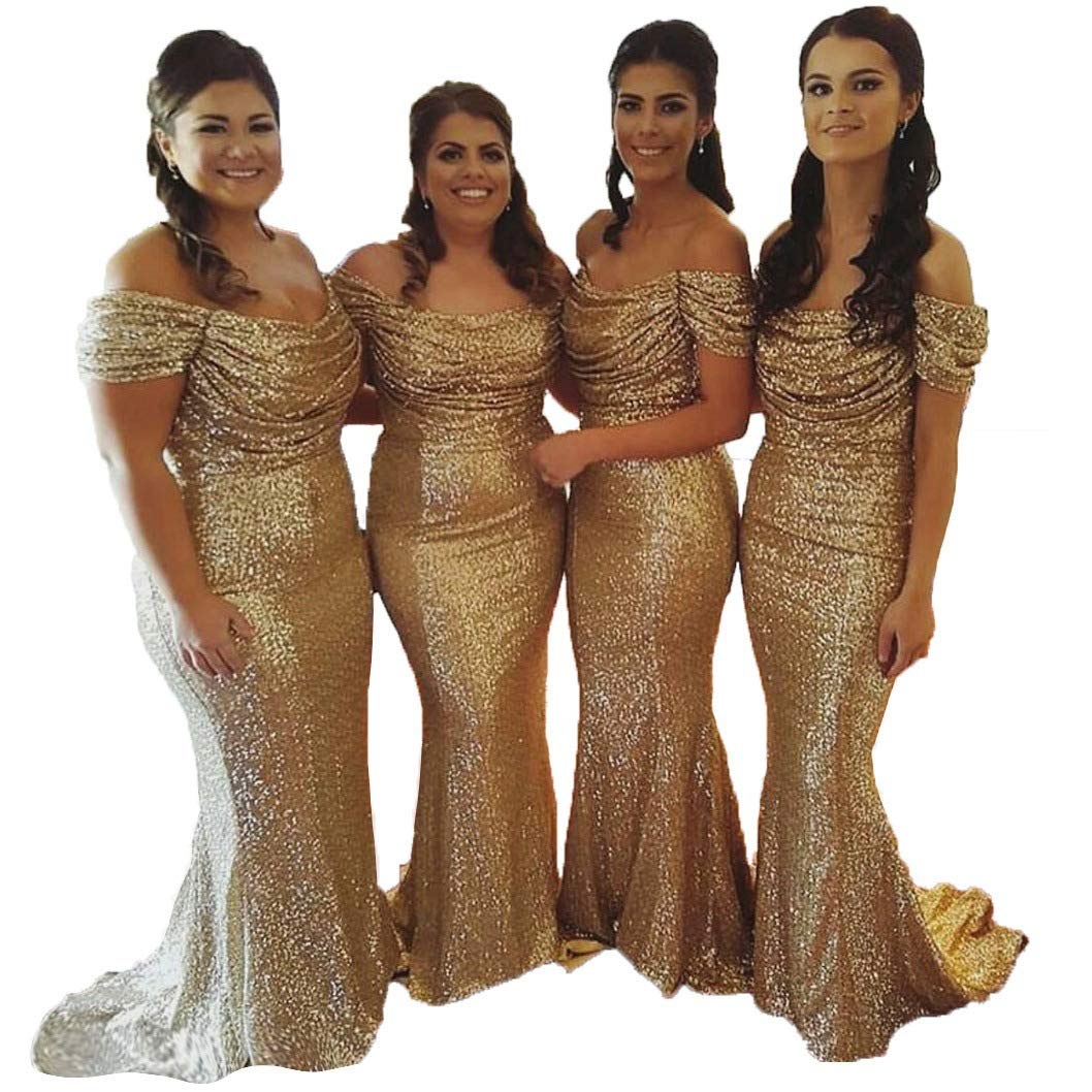 Elegant Gold Sequin Off-the-Shoulder Mermaid Bridesmaid Dresses for Wedding Party, Prom, and Formal Occasions