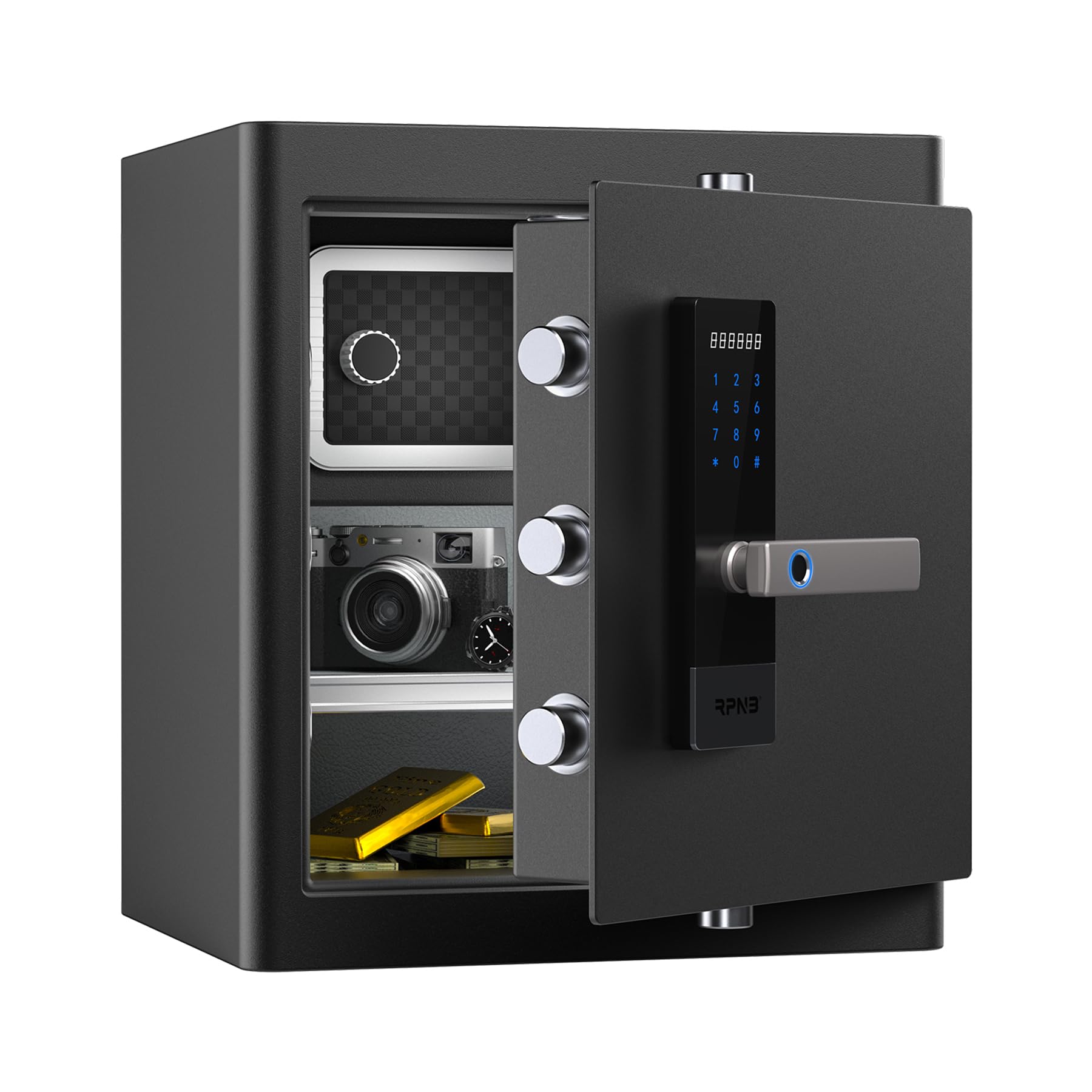RPNB Deluxe Home Safe - Smart Touch Screen Biometric Fingerprint Security Safe with Voice Prompt, One-Touch Unlock, Interior Box & Dual Alarm | 1.6 Cubic Feet for Home, Office, Hotel & Travel Security Protection | Perfect for Storing Cash, Jewelry, Documents & Valuables
