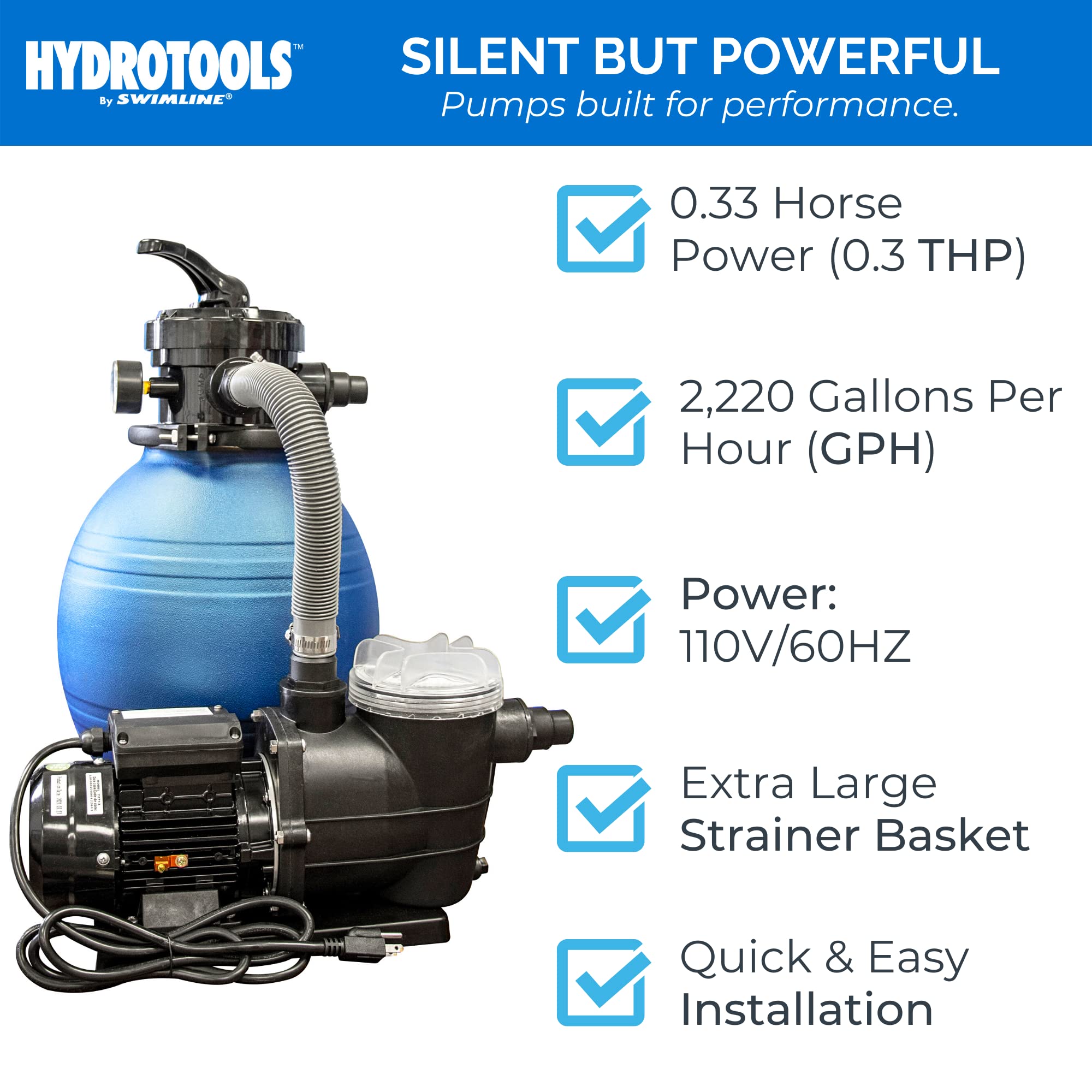 HYDROTOOLS Above Ground Pool Filter Pump - Sand & Cartridge System for 12-16 Inch & 8-40 SF Cleaners | 1/3 to 1 HP Options | Compatible with Intex, Bestway Soft-Sided Pools (40mm to 1.5 Inch Hose) | Perfect for Backyard Swimming Pool Maintenance & Water Filtration