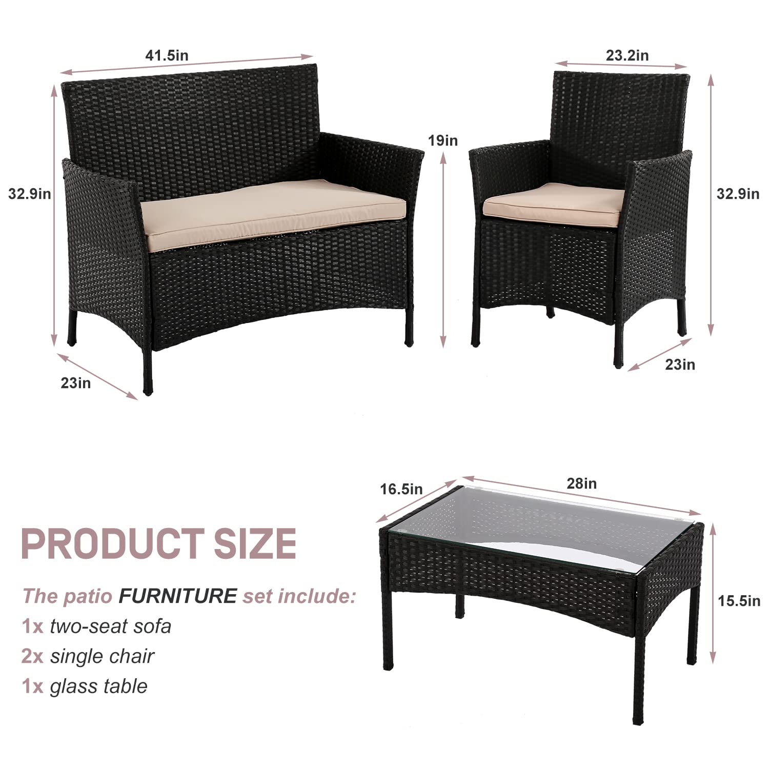 4-Piece Wicker Patio Furniture Set with Cushions - Outdoor Rattan Conversation Sofa & Table for Balcony, Backyard, Porch - Black Modern Patio Seating for Relaxing & Entertaining Guests