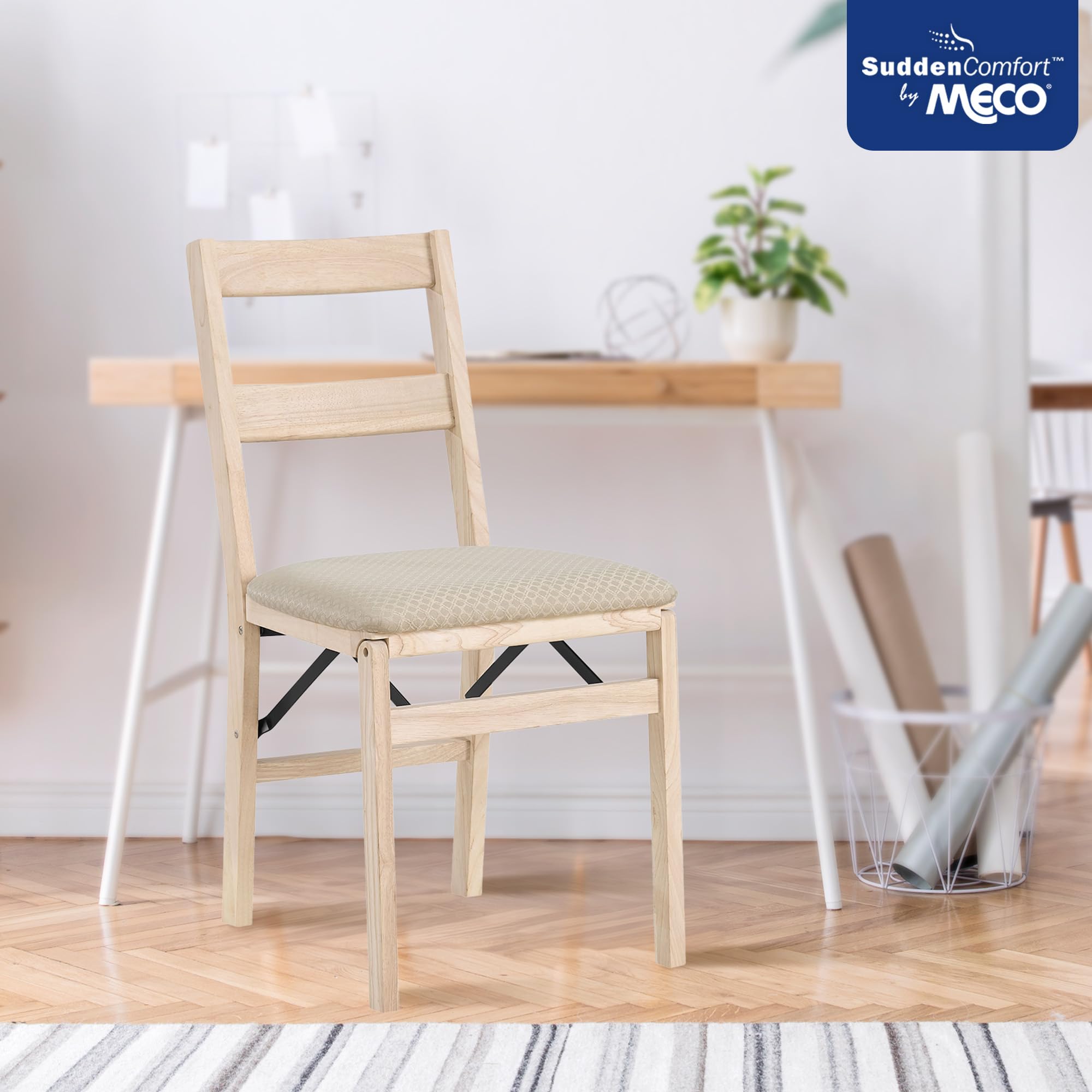 Premium MECO Stakmore Solid Wood Folding Dining Chairs Set of 2 - Classic Unfinished Wooden Table & Fabric Padded Seats for Home, Kitchen, Office, and Small Spaces