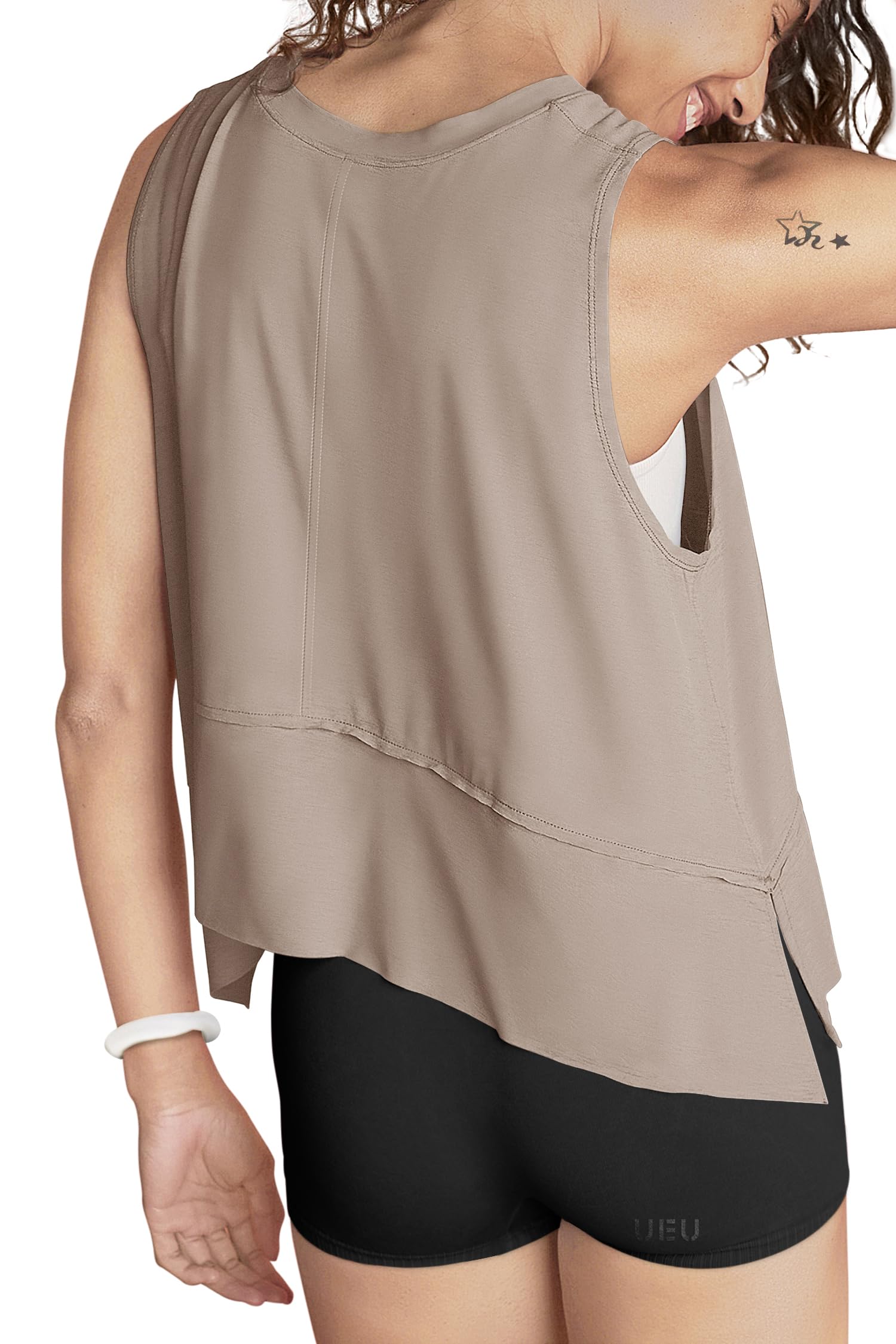 UEU Women's Cropped Tank Tops - Yoga & Workout Athletic Shirts - Summer Flowy Split Side Slit Oversized Sleeveless Tee for Gym, Running & Casual Wear
