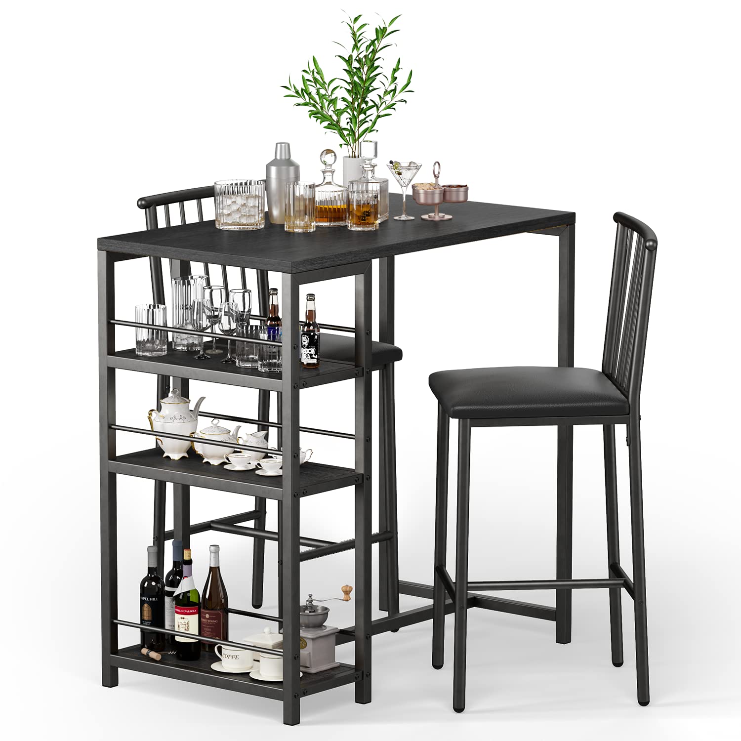 Gizoon 3-Piece Dining Table Set for 2 with Storage Shelves - Kitchen Table & Chairs with PU Cushion Seats & Thick Wood Top - Compact Space-Saving Design for Small Apartments, Breakfast Nooks & Cozy Kitchens - Black