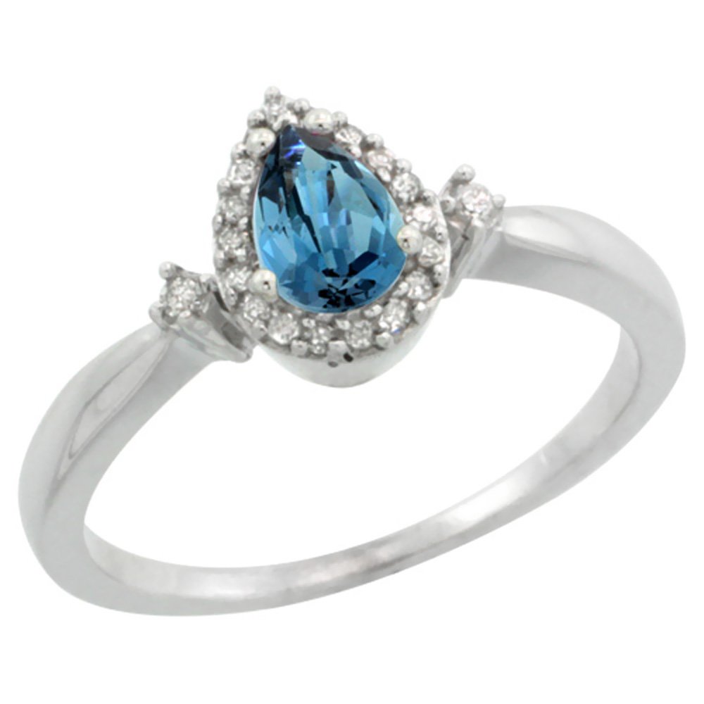 14K White Gold Diamond & Natural London Blue Topaz Pear Shaped Ring (6x4mm) - Sizes 5-10 | Elegant Engagement, Anniversary Gift for Her
